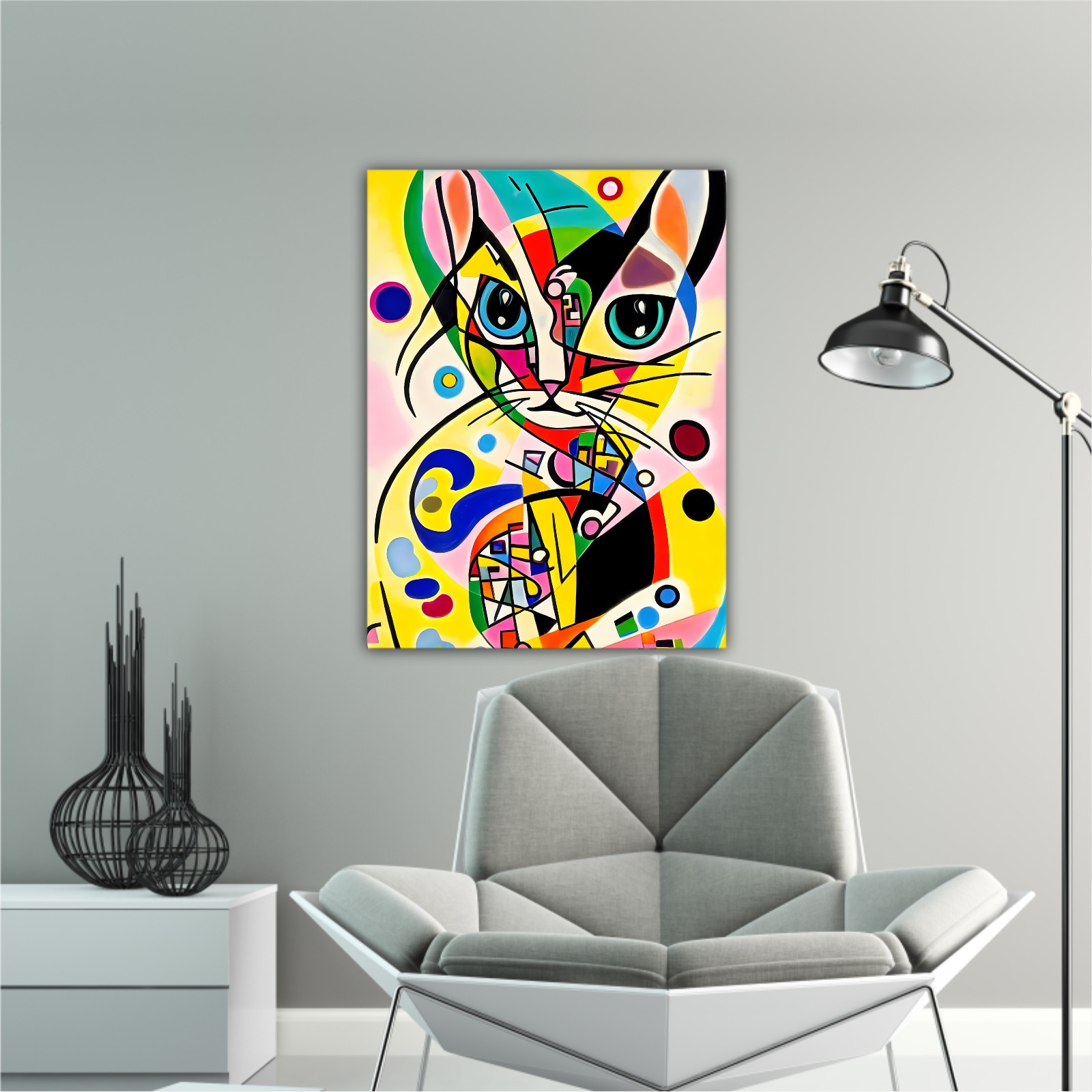 A bright and colorful abstract portrait composition of a cat designed in the style of Kandinsky and the Bauhaus art movement.