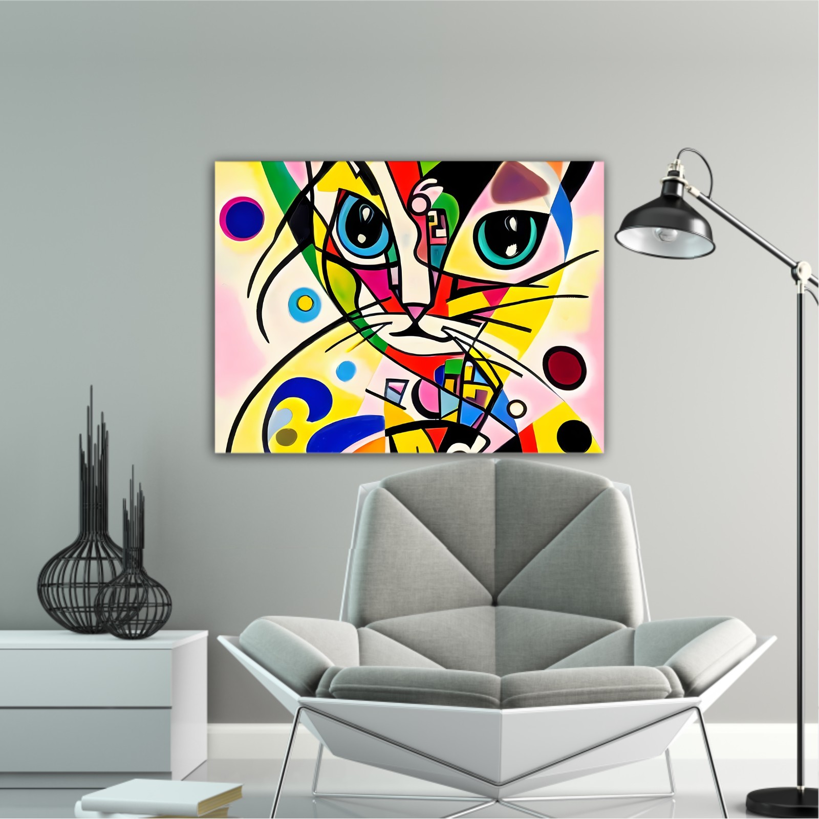 A bright and colorful abstract portrait composition of a cat designed in the style of Kandinsky and the Bauhaus art movement.