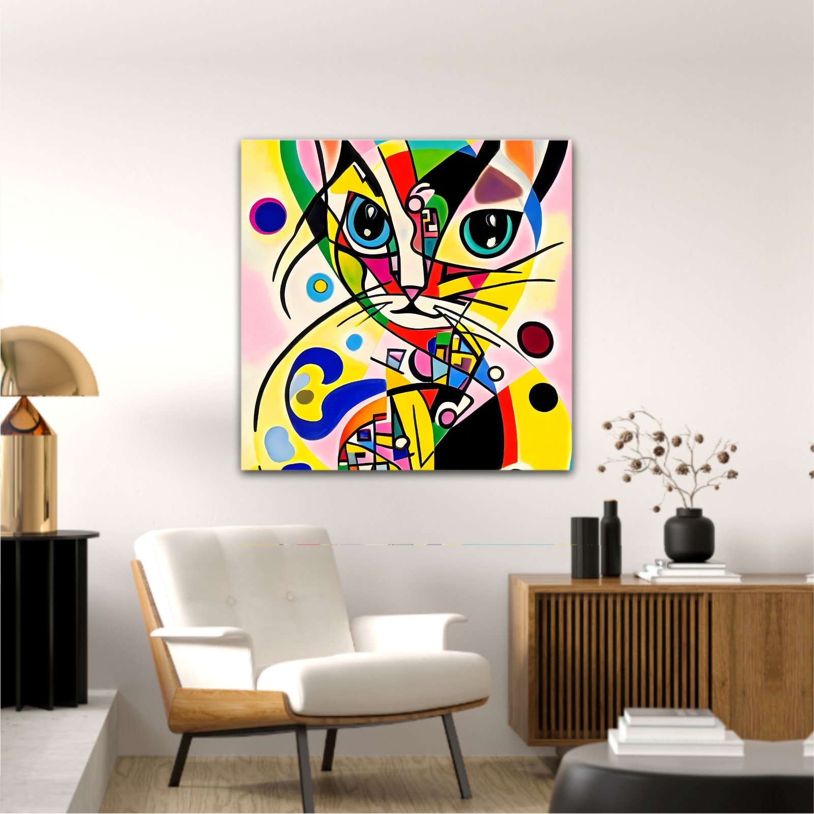 A bright and colorful abstract portrait composition of a cat designed in the style of Kandinsky and the Bauhaus art movement.