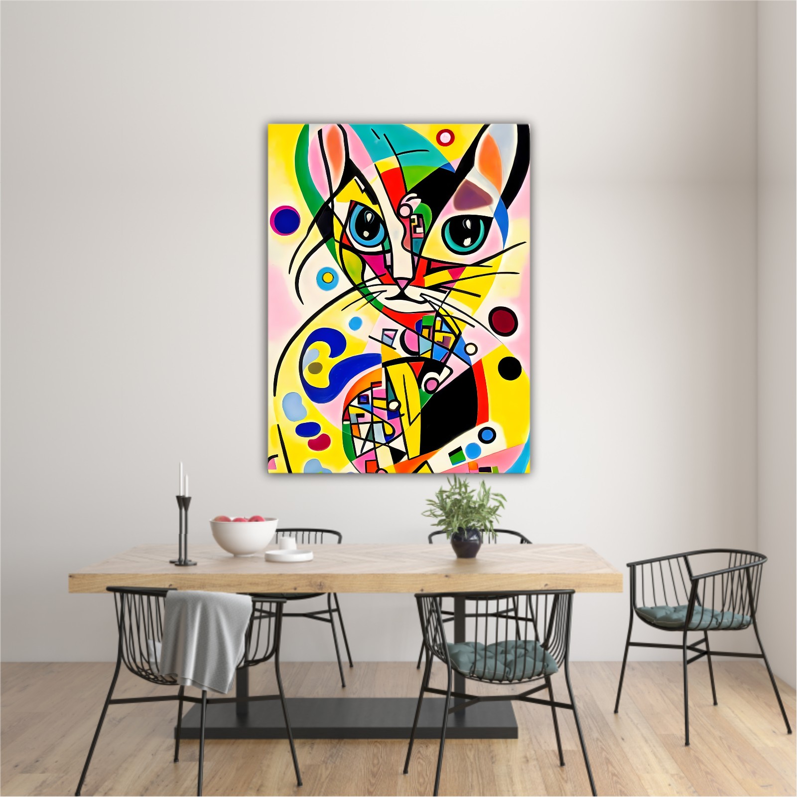 A bright and colorful abstract portrait composition of a cat designed in the style of Kandinsky and the Bauhaus art movement.