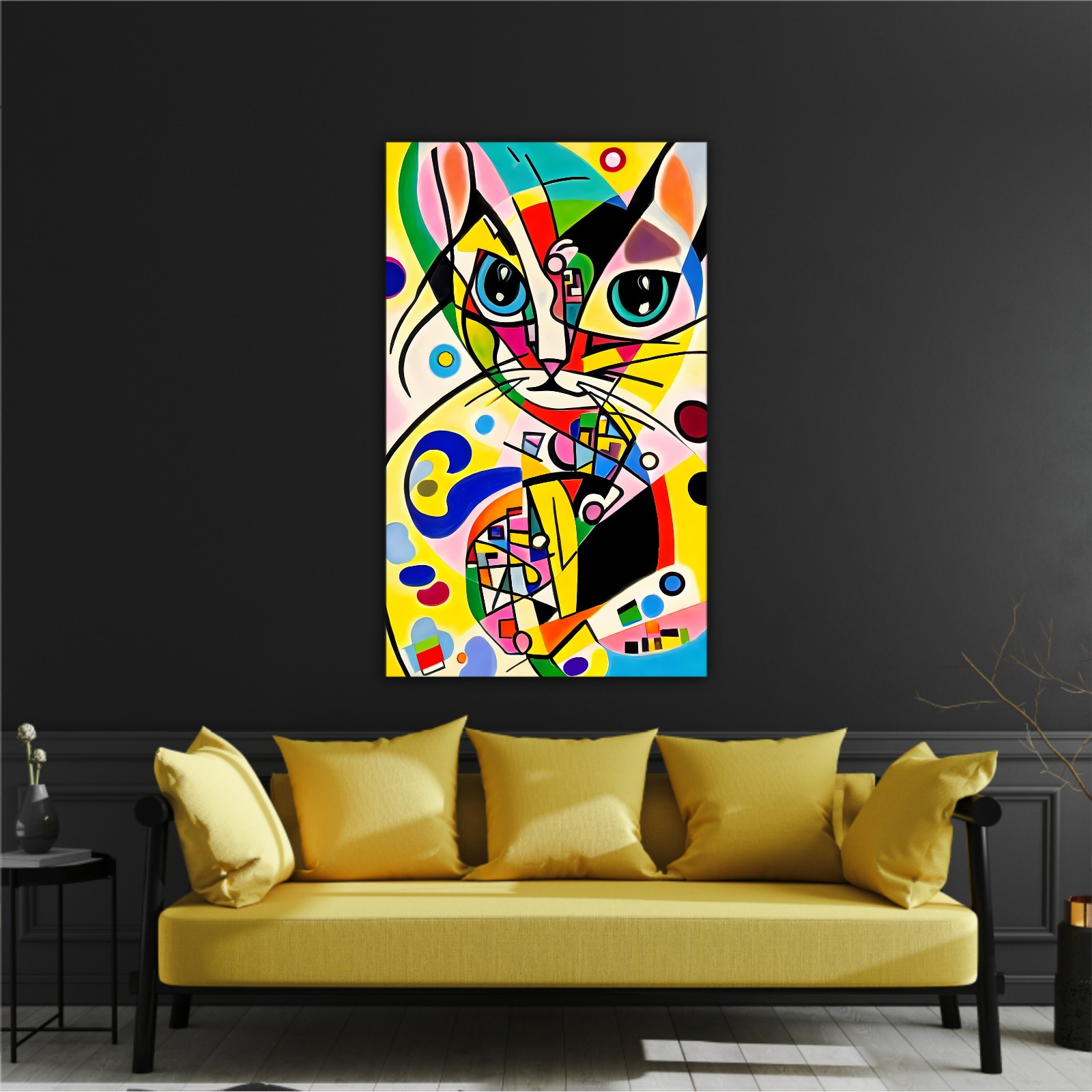 A bright and colorful abstract portrait composition of a cat designed in the style of Kandinsky and the Bauhaus art movement.