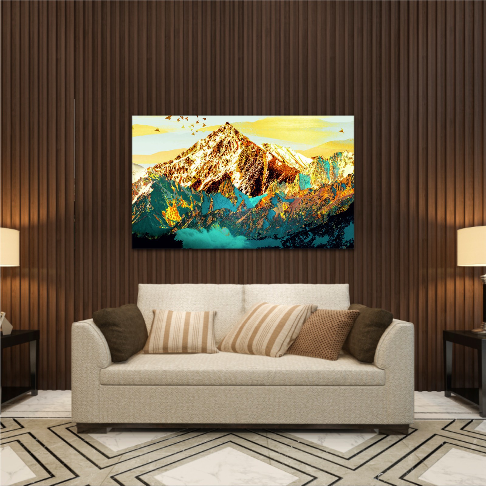 abstract-paint-texture-art- blue and gold mountains