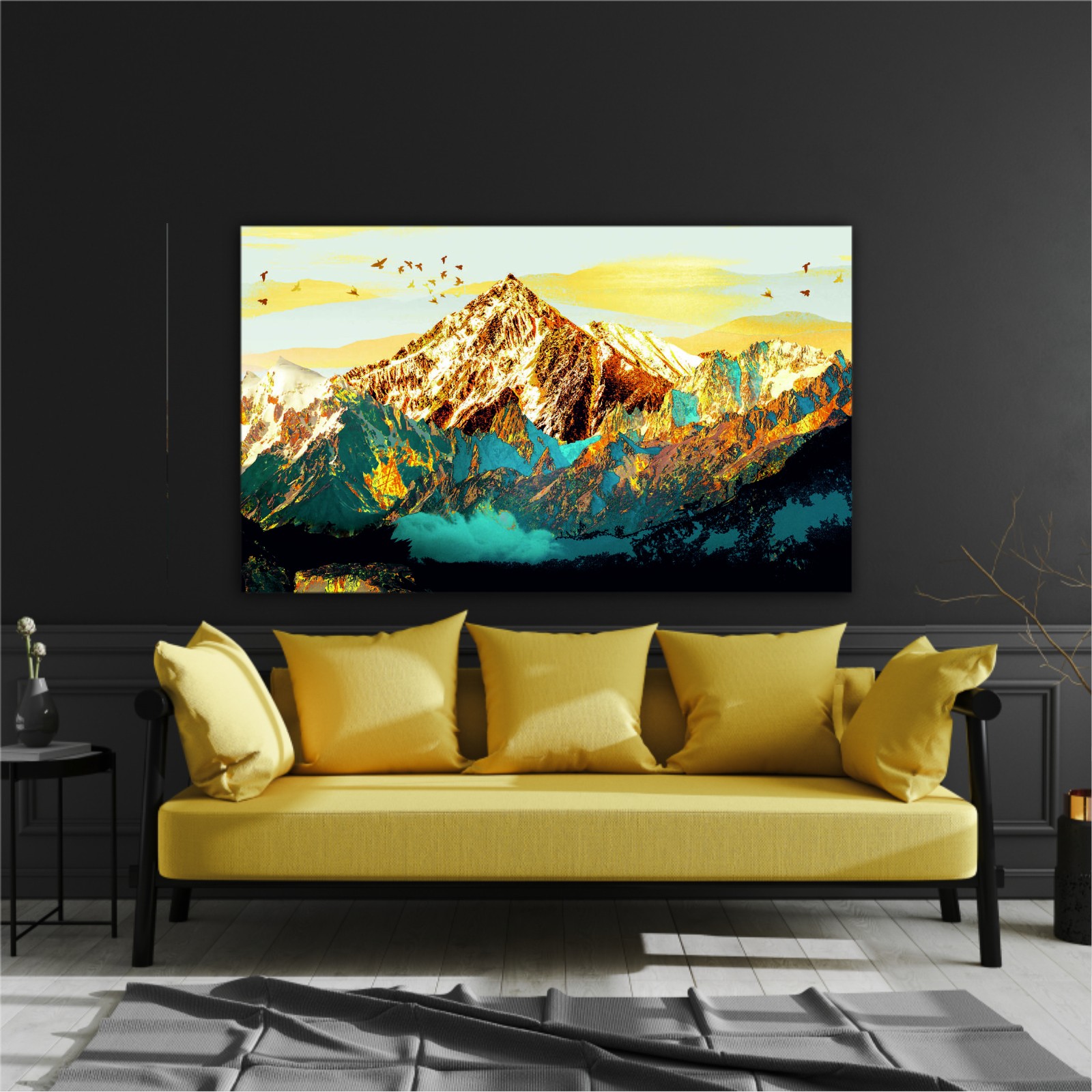 abstract-paint-texture-art- blue and gold mountains