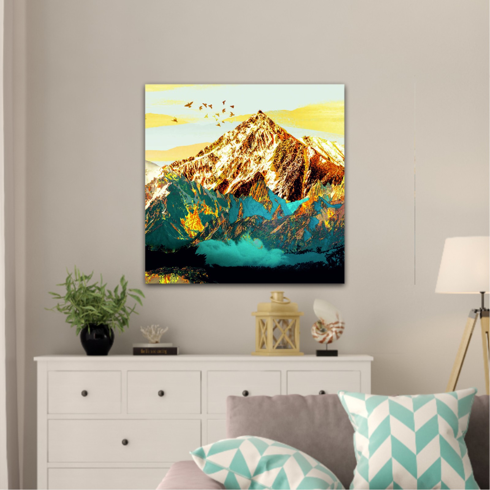 abstract-paint-texture-art- blue and gold mountains