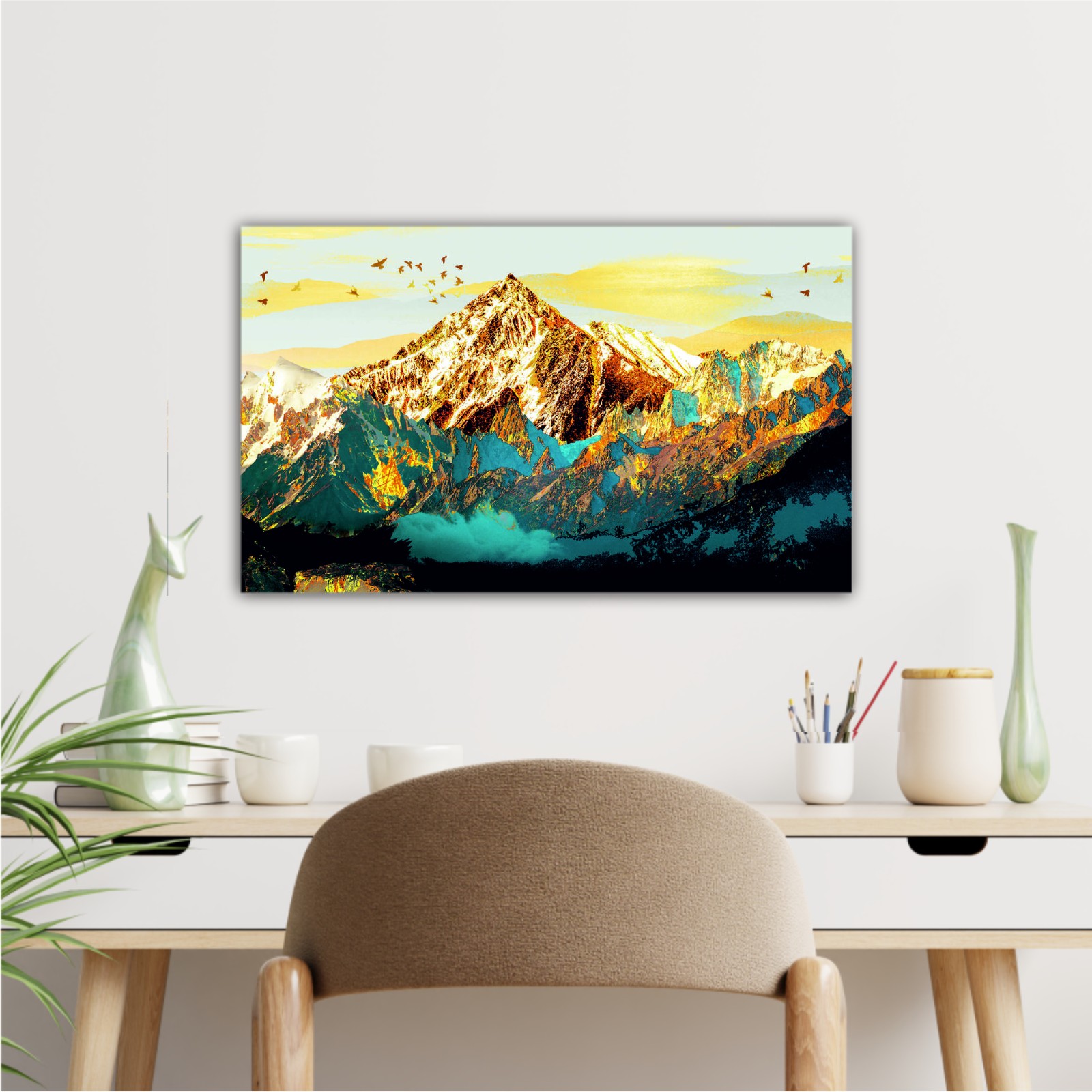 abstract-paint-texture-art- blue and gold mountains