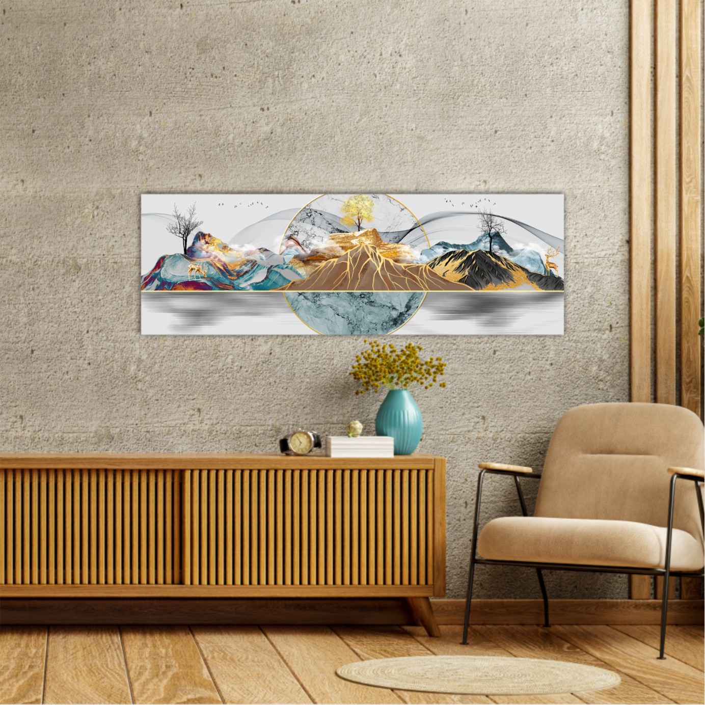 Abstract painting of mountains colored with gold, red and blue, with golden dear, golden tree