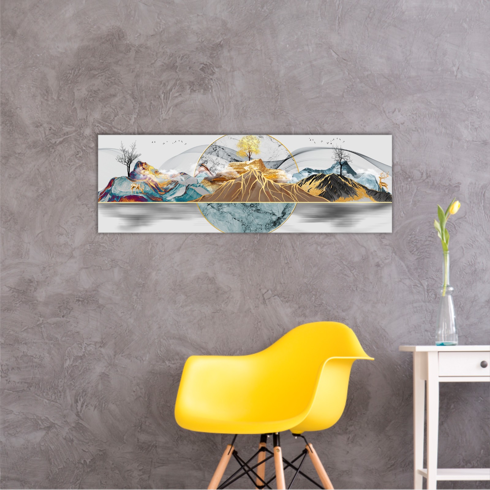 Abstract painting of mountains colored with gold, red and blue, with golden dear, golden tree