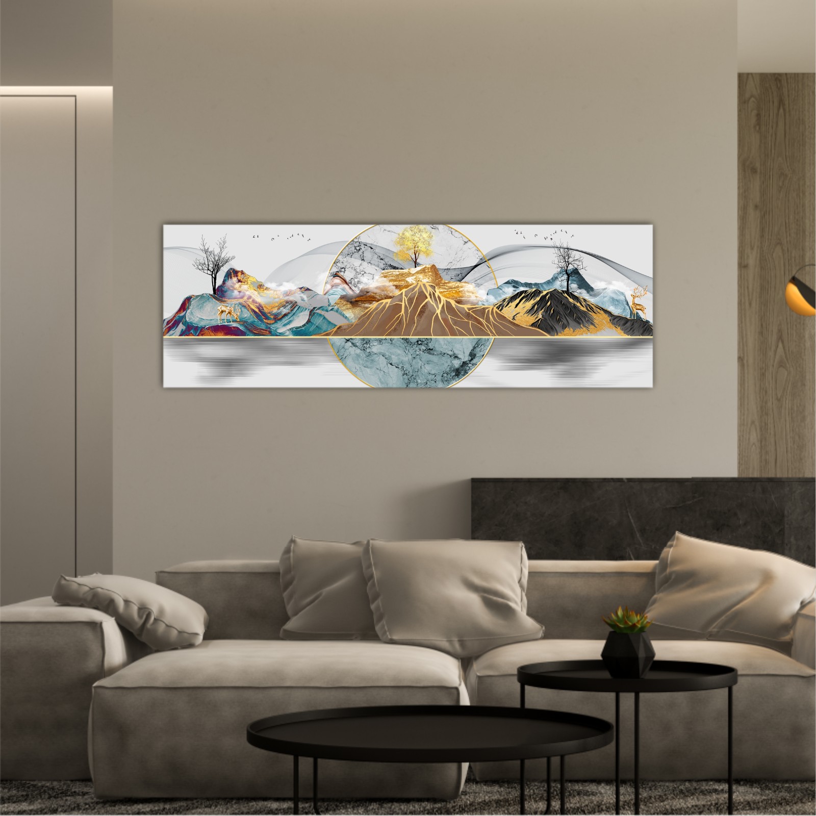 Abstract painting of mountains colored with gold, red and blue, with golden dear, golden tree