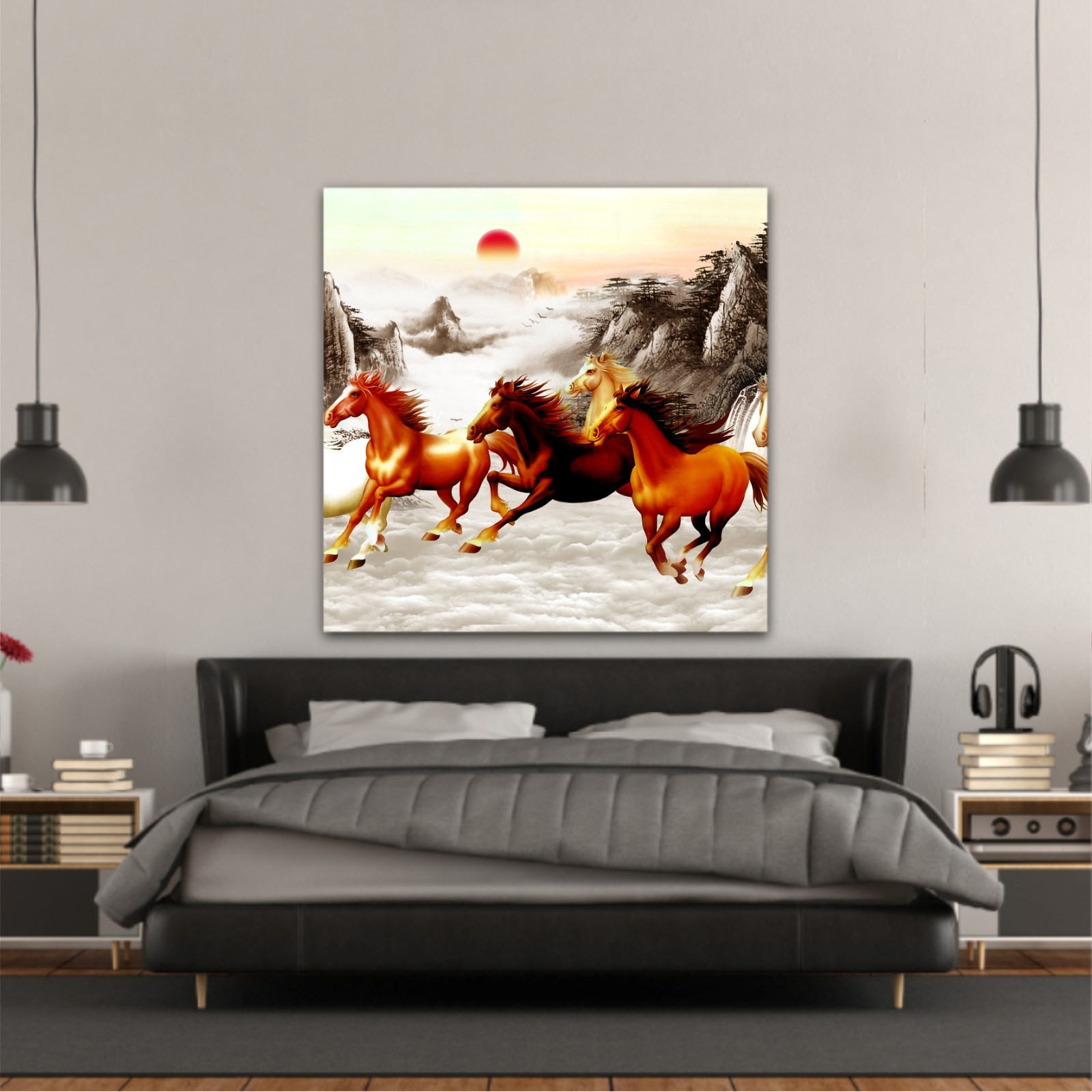 Abstract painting  with galloping horses and a red moon on backround