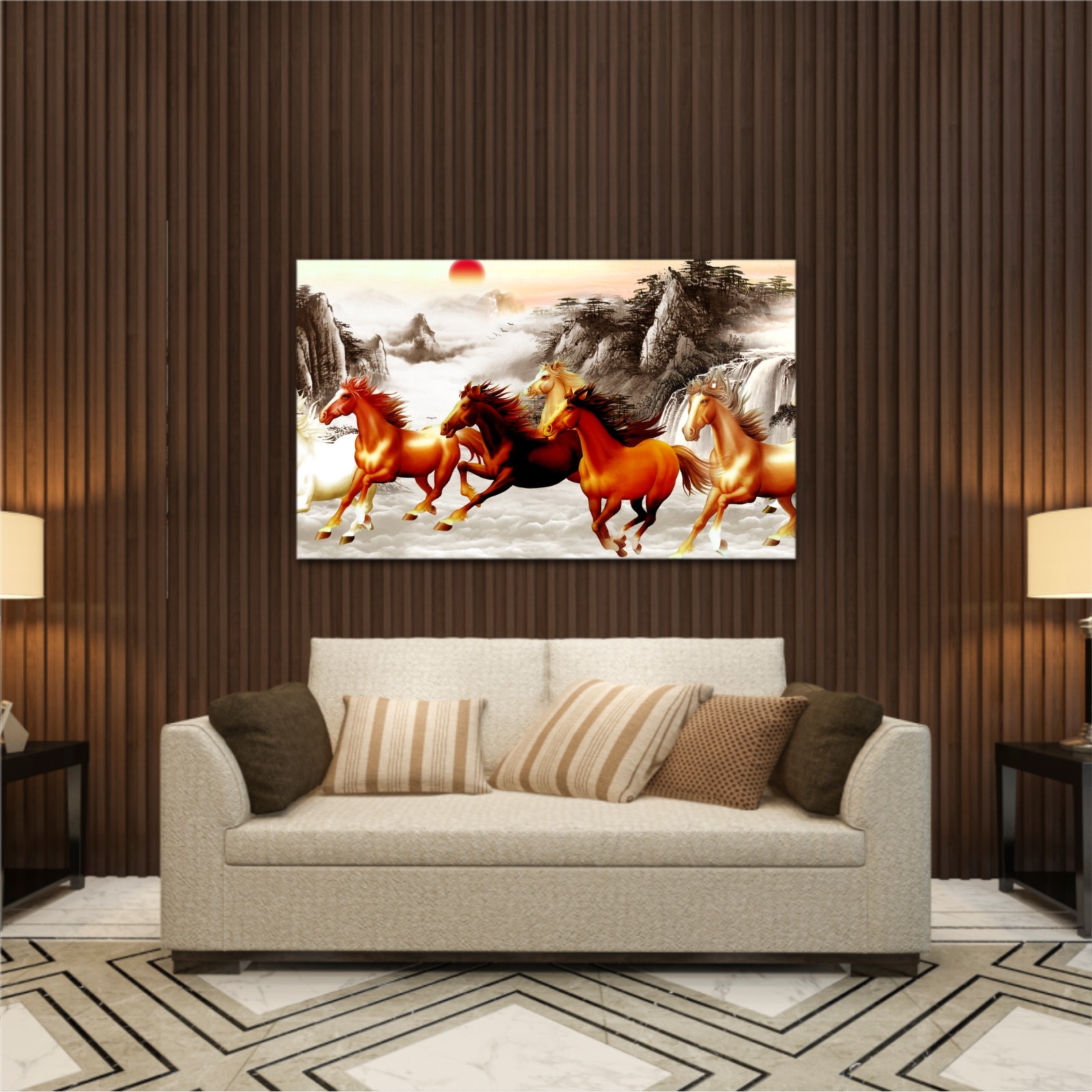 Abstract painting  with galloping horses and a red moon on backround