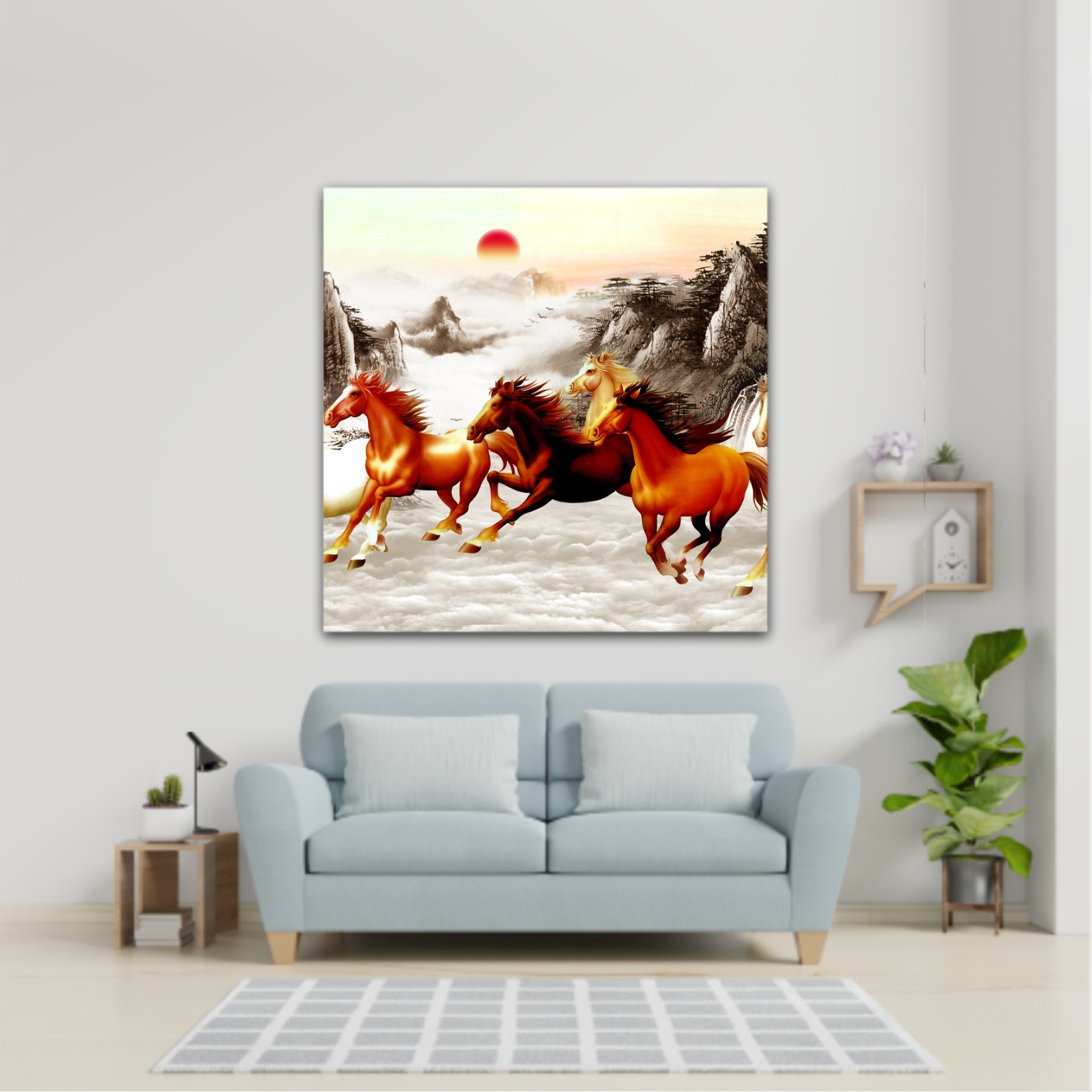 Abstract painting  with galloping horses and a red moon on backround