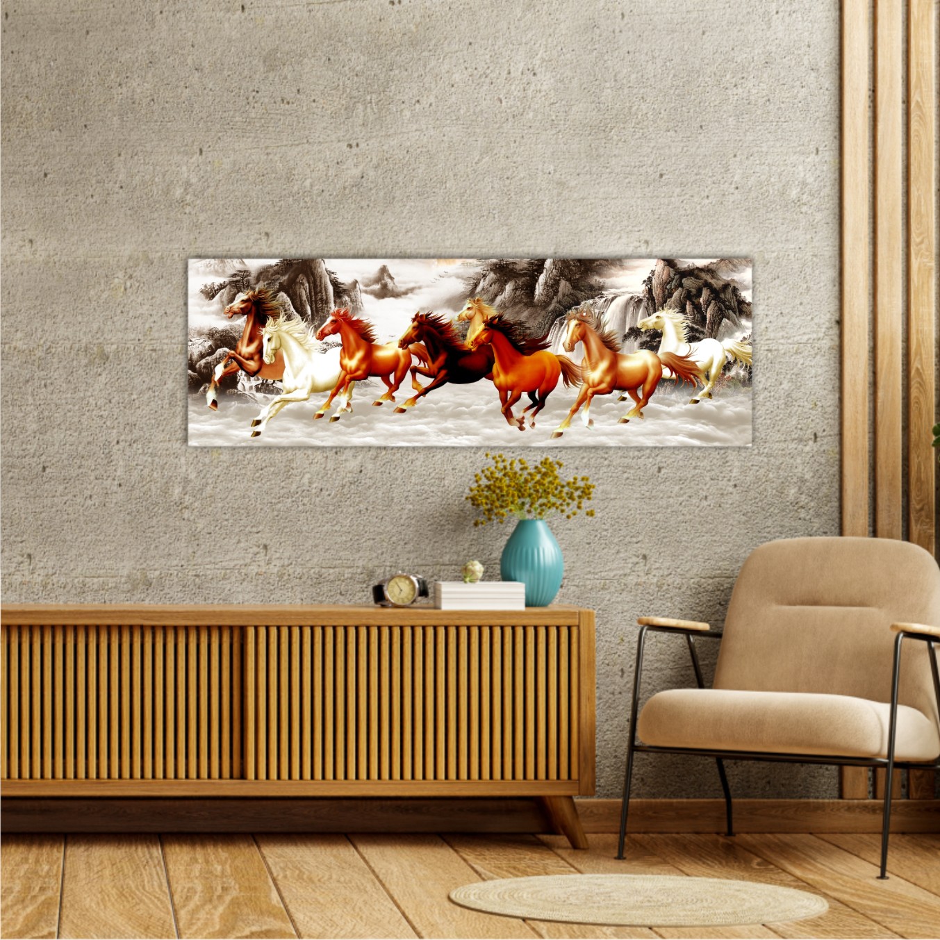 Abstract painting  with galloping horses and a red moon on backround