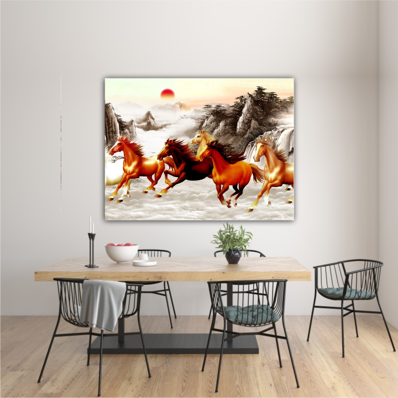 Abstract painting  with galloping horses and a red moon on backround