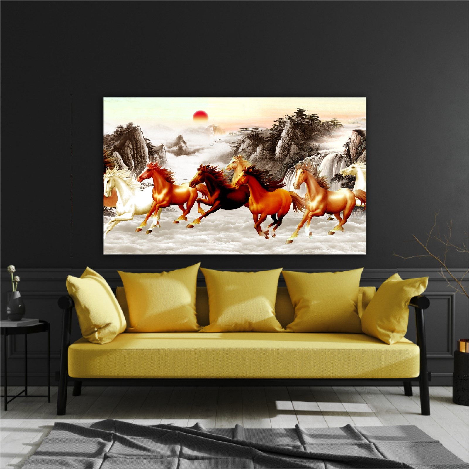 Abstract painting  with galloping horses and a red moon on backround