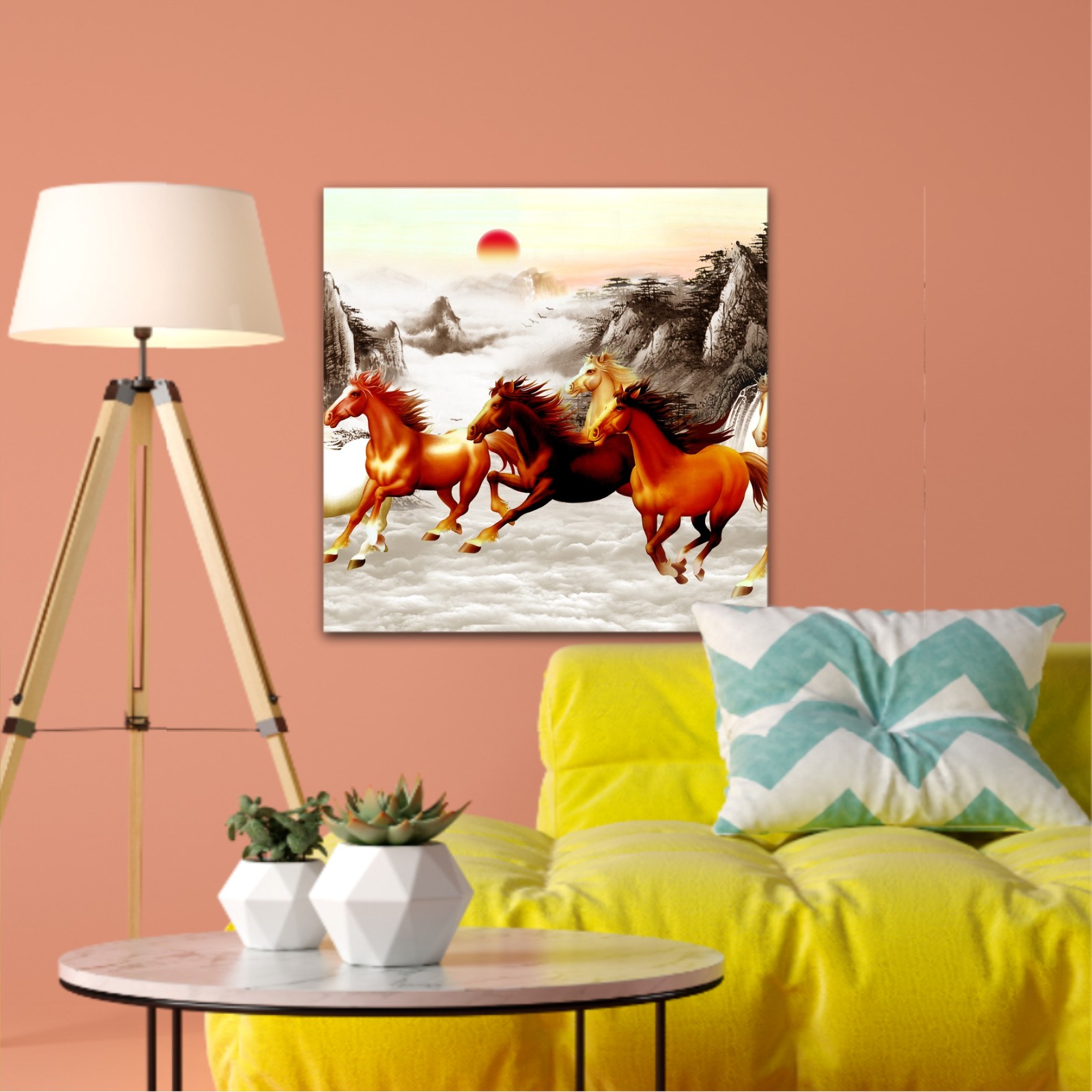 Abstract painting  with galloping horses and a red moon on backround