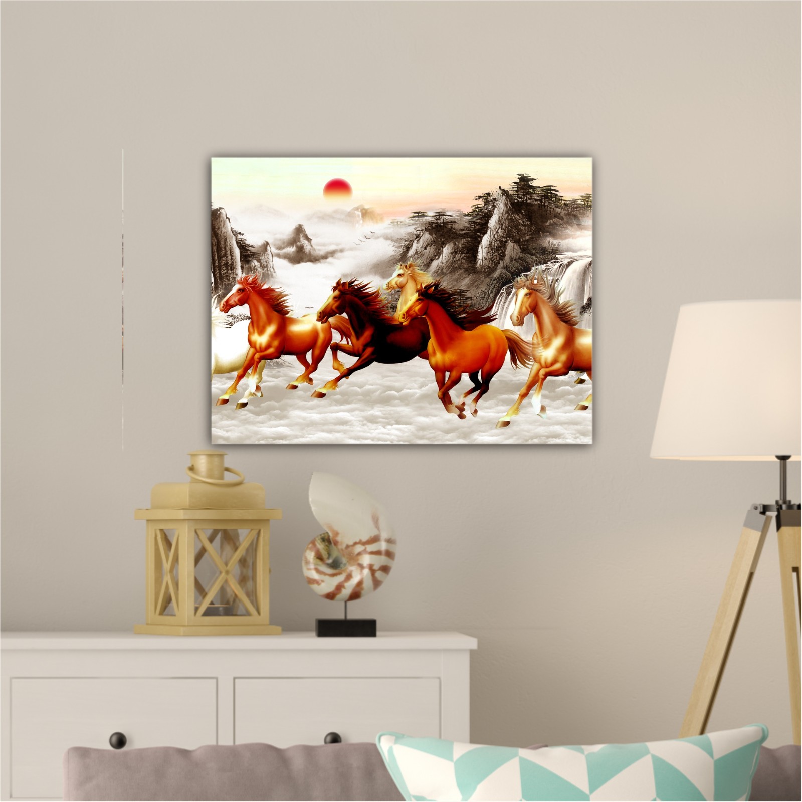 Abstract painting  with galloping horses and a red moon on backround