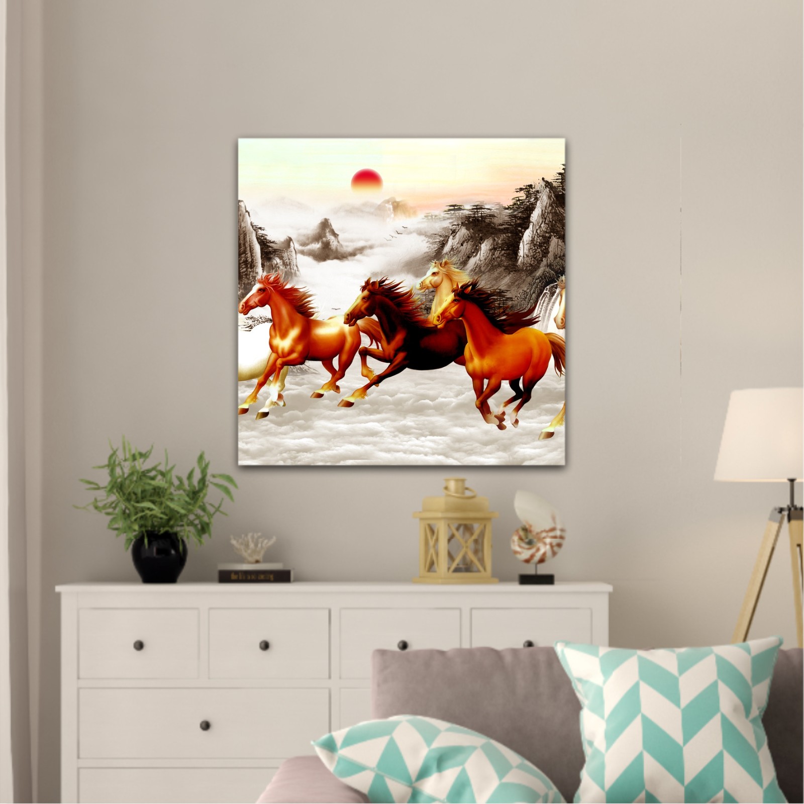 Abstract painting  with galloping horses and a red moon on backround