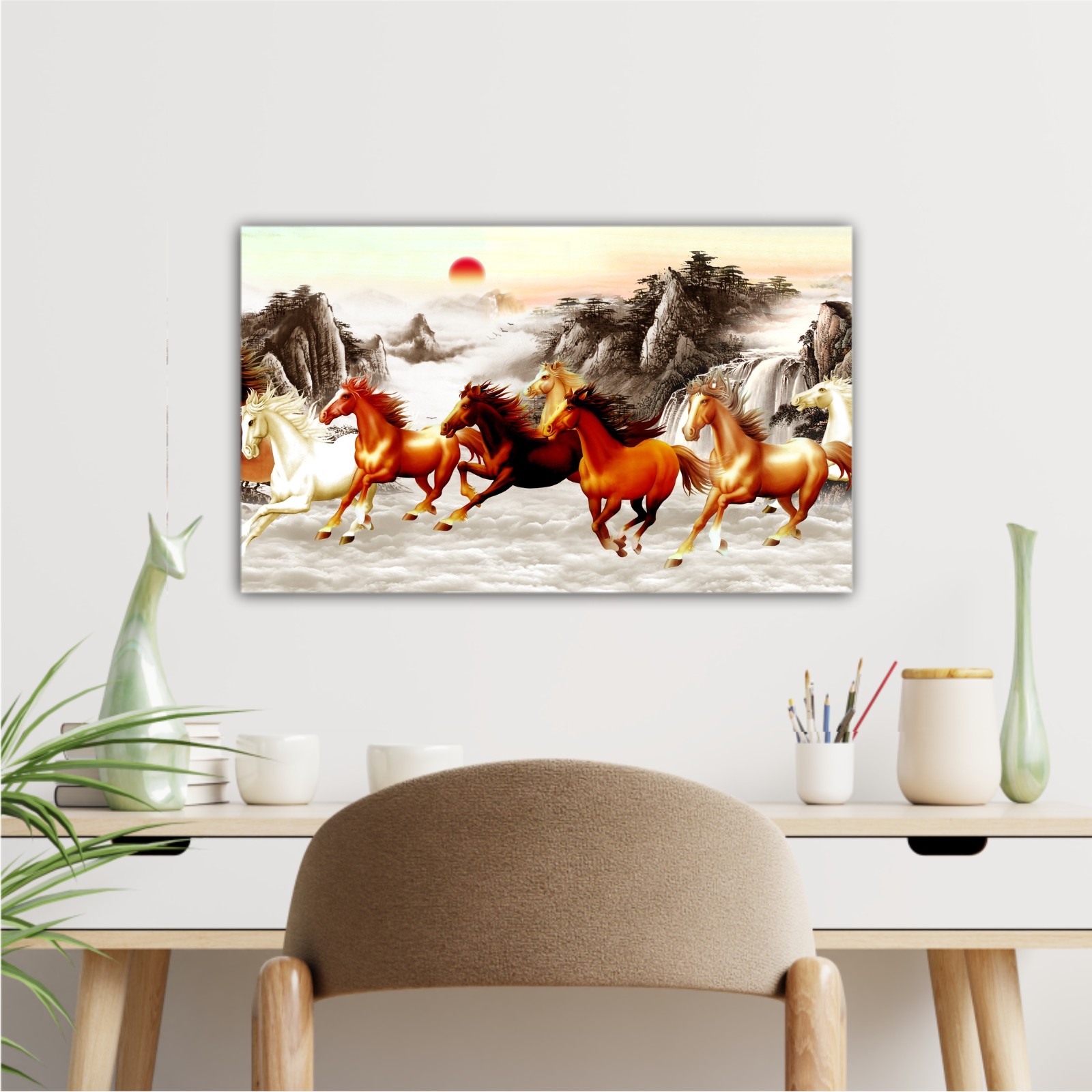 Abstract painting  with galloping horses and a red moon on backround