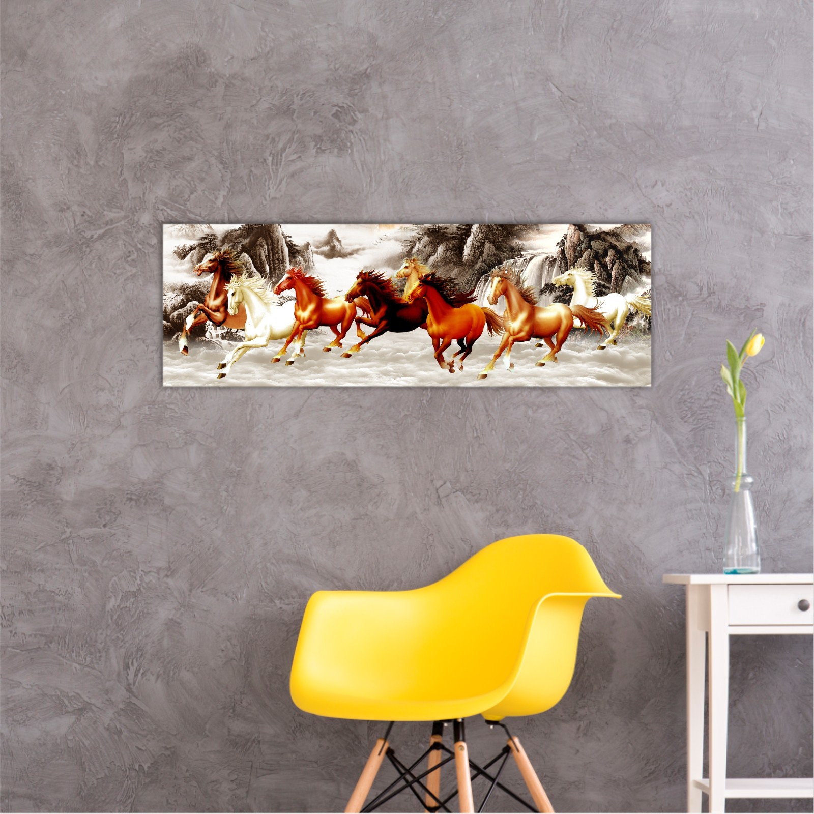 Abstract painting  with galloping horses and a red moon on backround