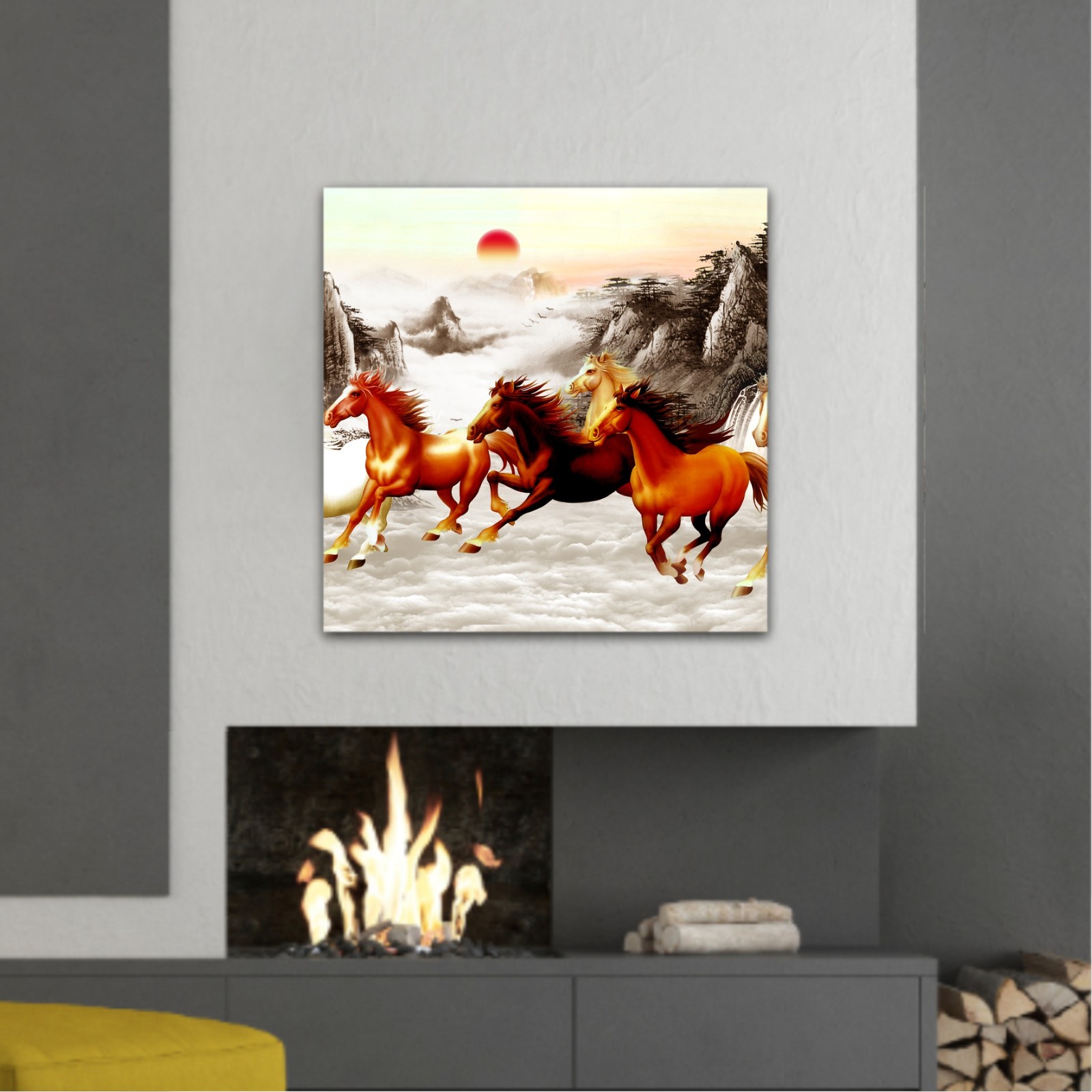 Abstract painting  with galloping horses and a red moon on backround