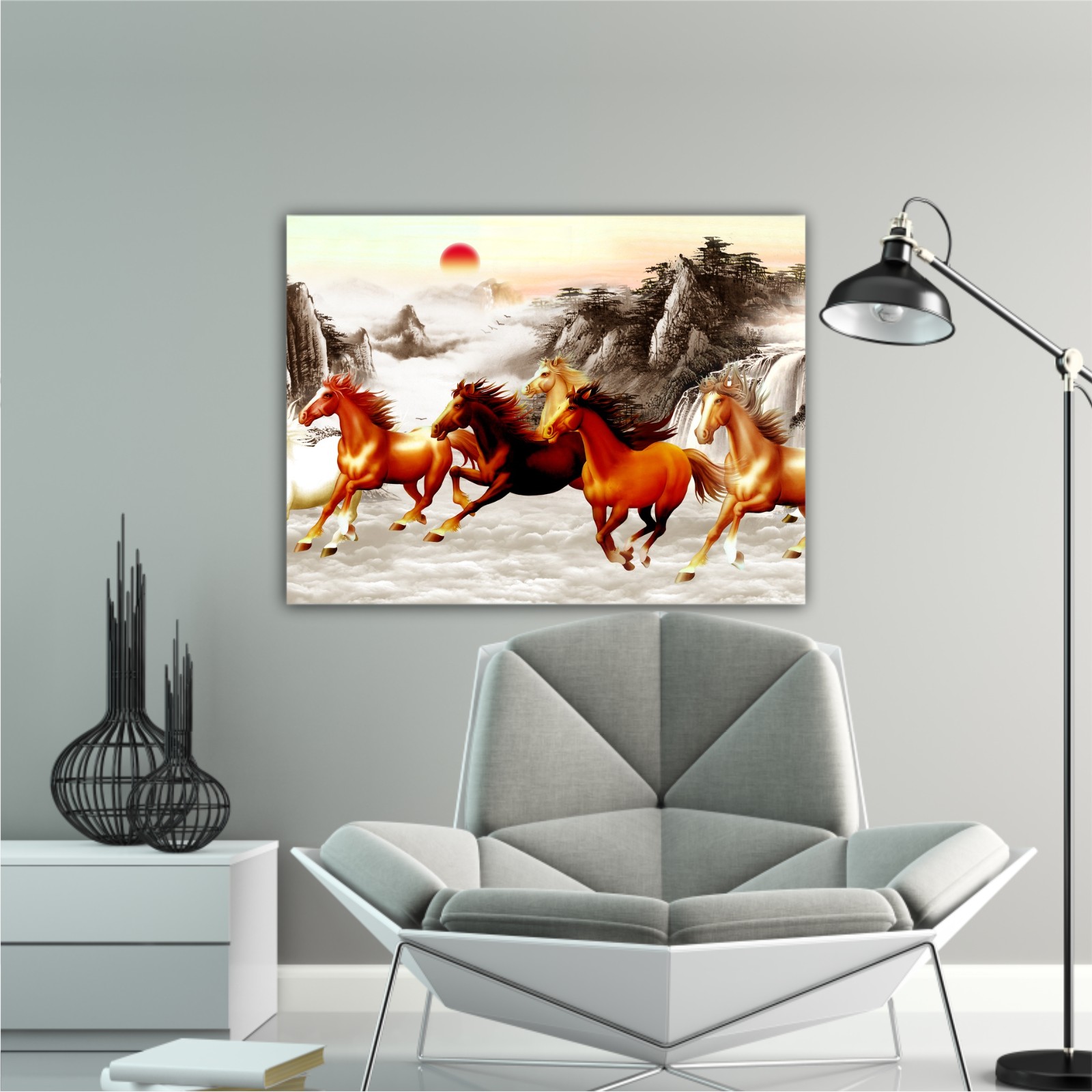 Abstract painting  with galloping horses and a red moon on backround