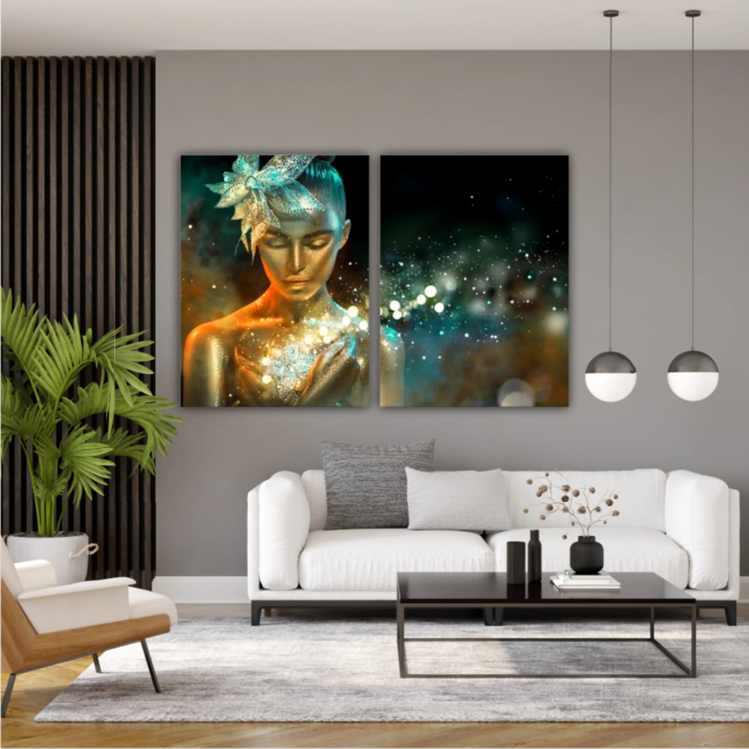 High Fashion model woman in colorful bright golden sparkles and neon lights posing with fantasy flower, portrait of beautiful girl glowing make-up