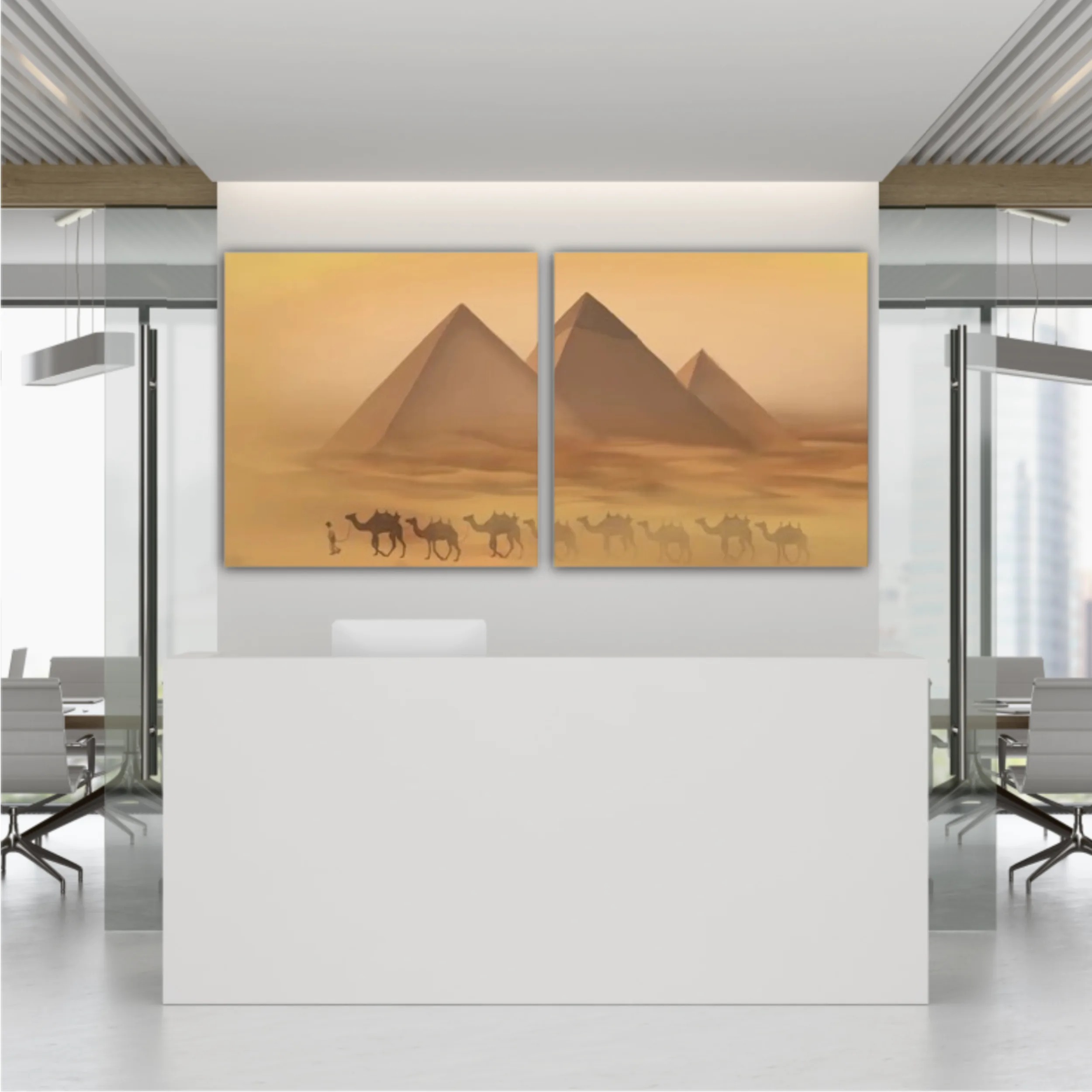 Desert landscape with pyramids. Sandstorm, camel caravan