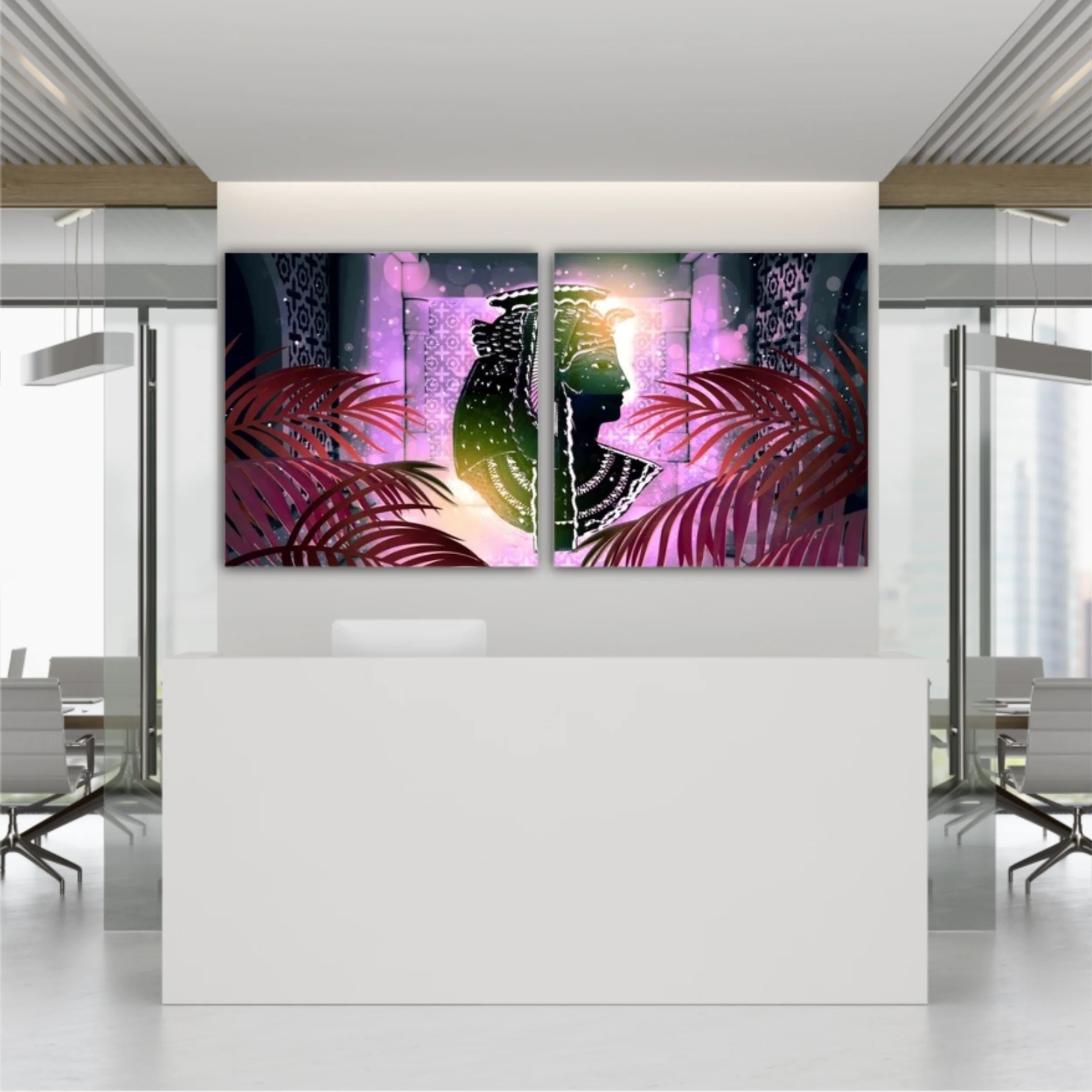 Eastern interior background with ornaments on the walls and columns, neon lights, rays of sunlight, bokeh. 3D