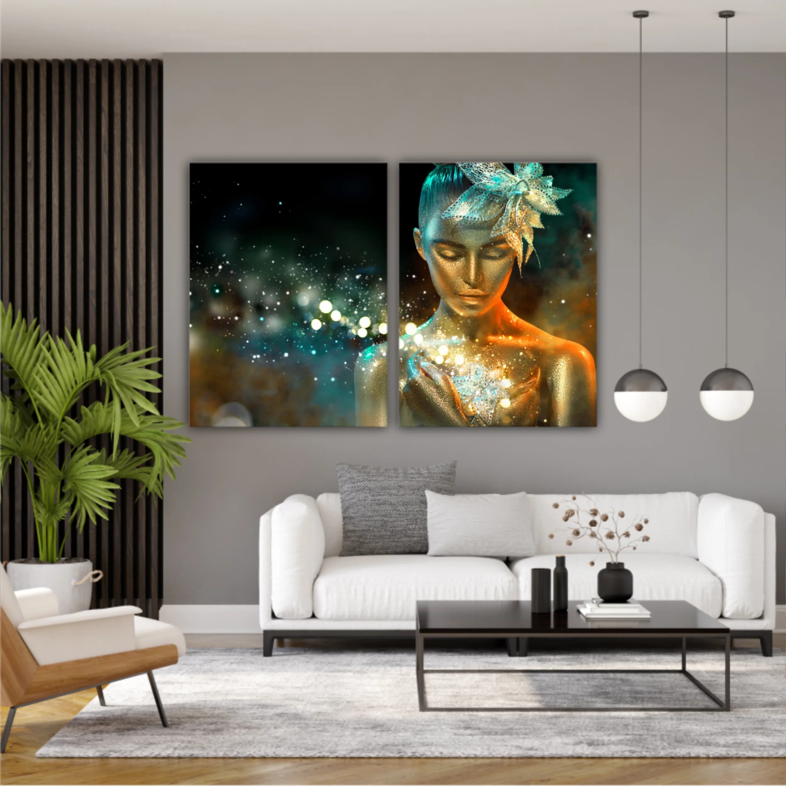 High Fashion model woman in colorful bright golden sparkles and neon lights posing with fantasy flower, portrait of beautiful girl glowing make-up