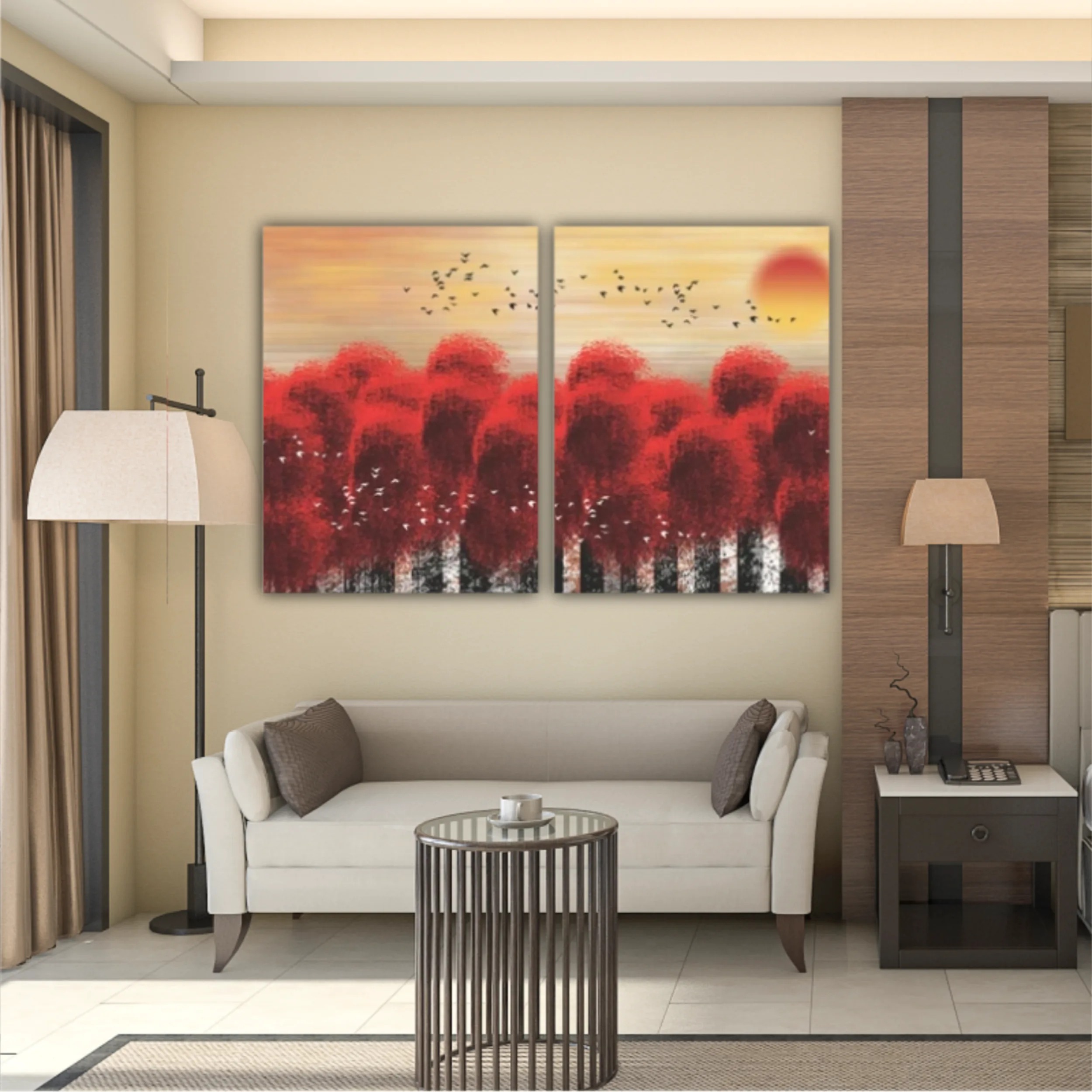 3d illustration image of red tree forest and flock of birds flying in the sky