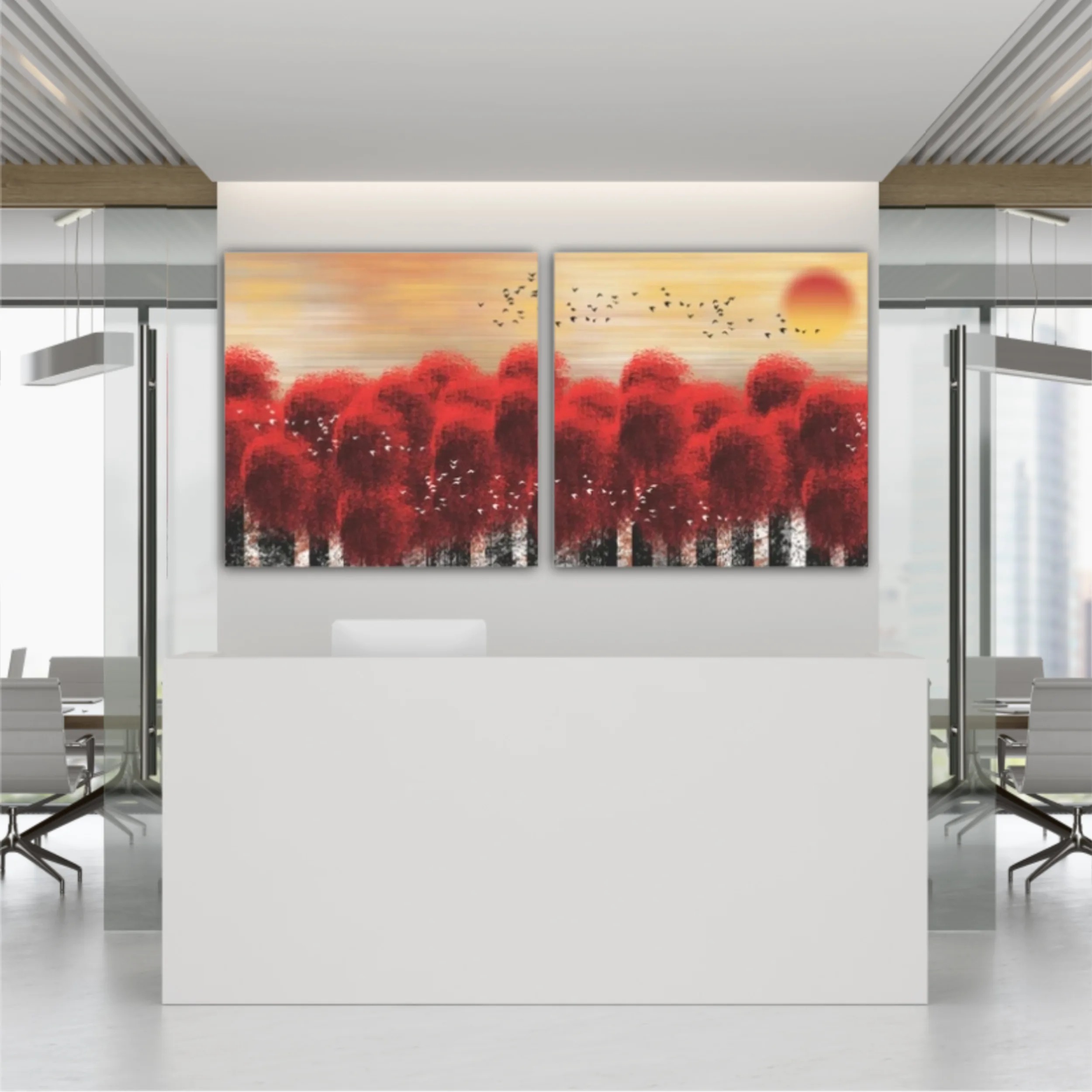 3d illustration image of red tree forest and flock of birds flying in the sky