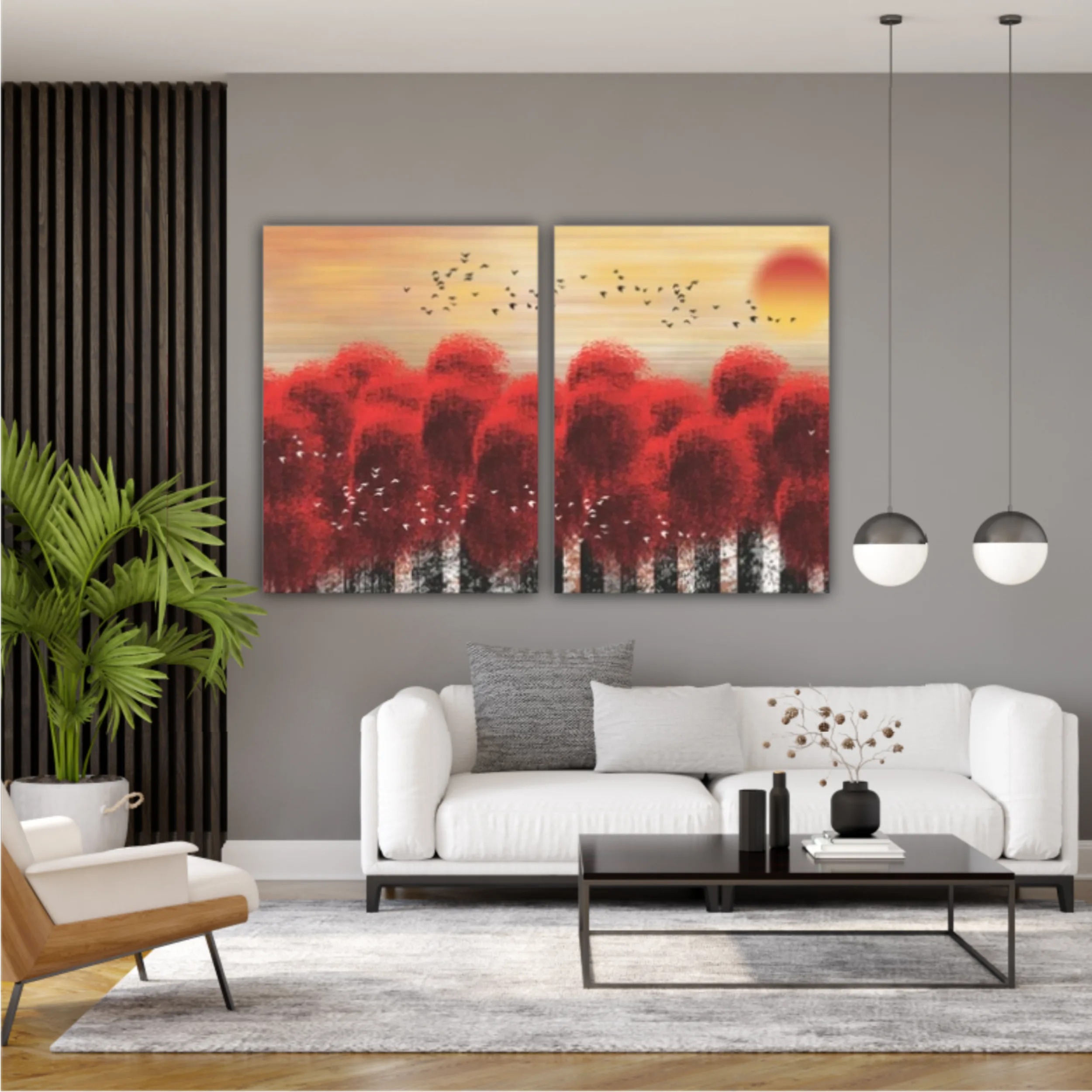 3d illustration image of red tree forest and flock of birds flying in the sky