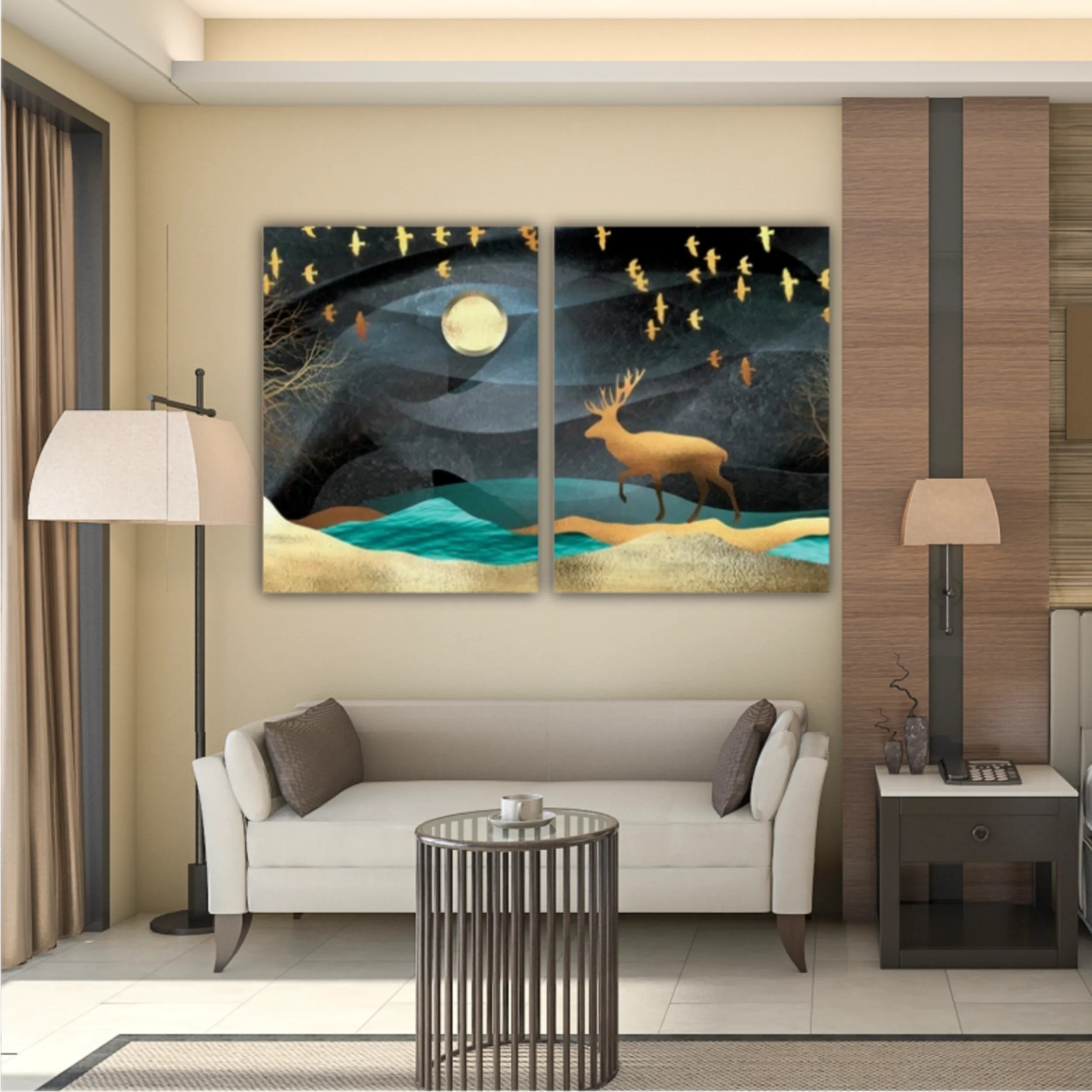 3d illustration of moon, deer and flock of flying birds