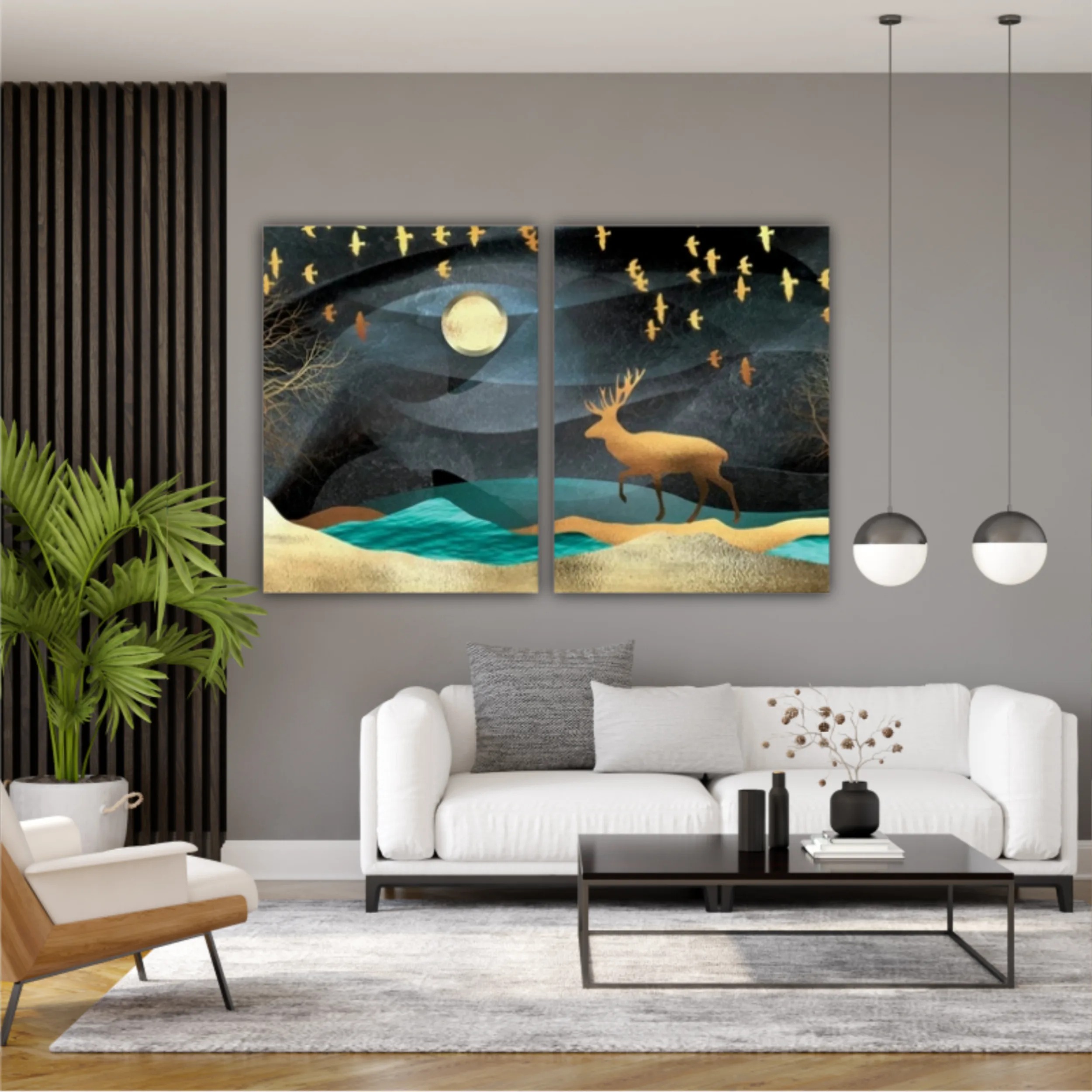 3d illustration of moon, deer and flock of flying birds