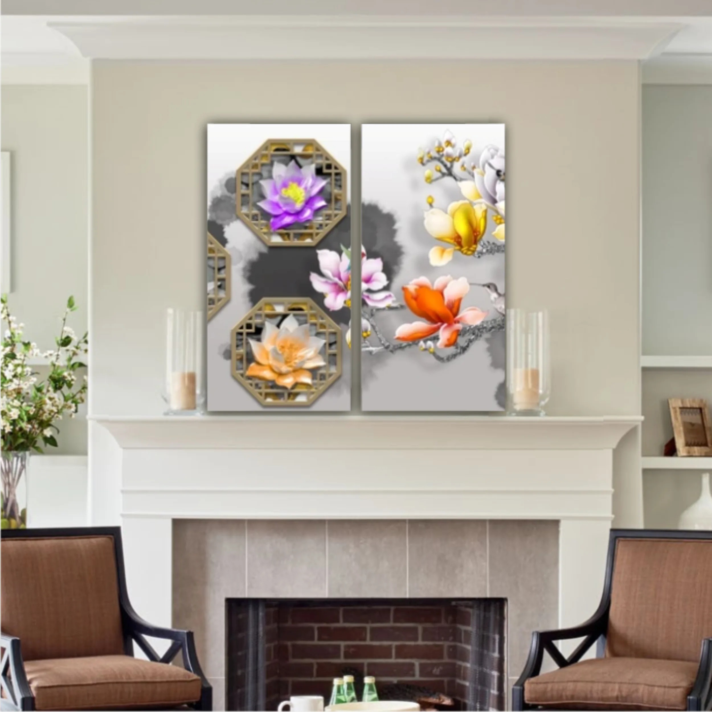 3d illustration of floral branches and wall murals