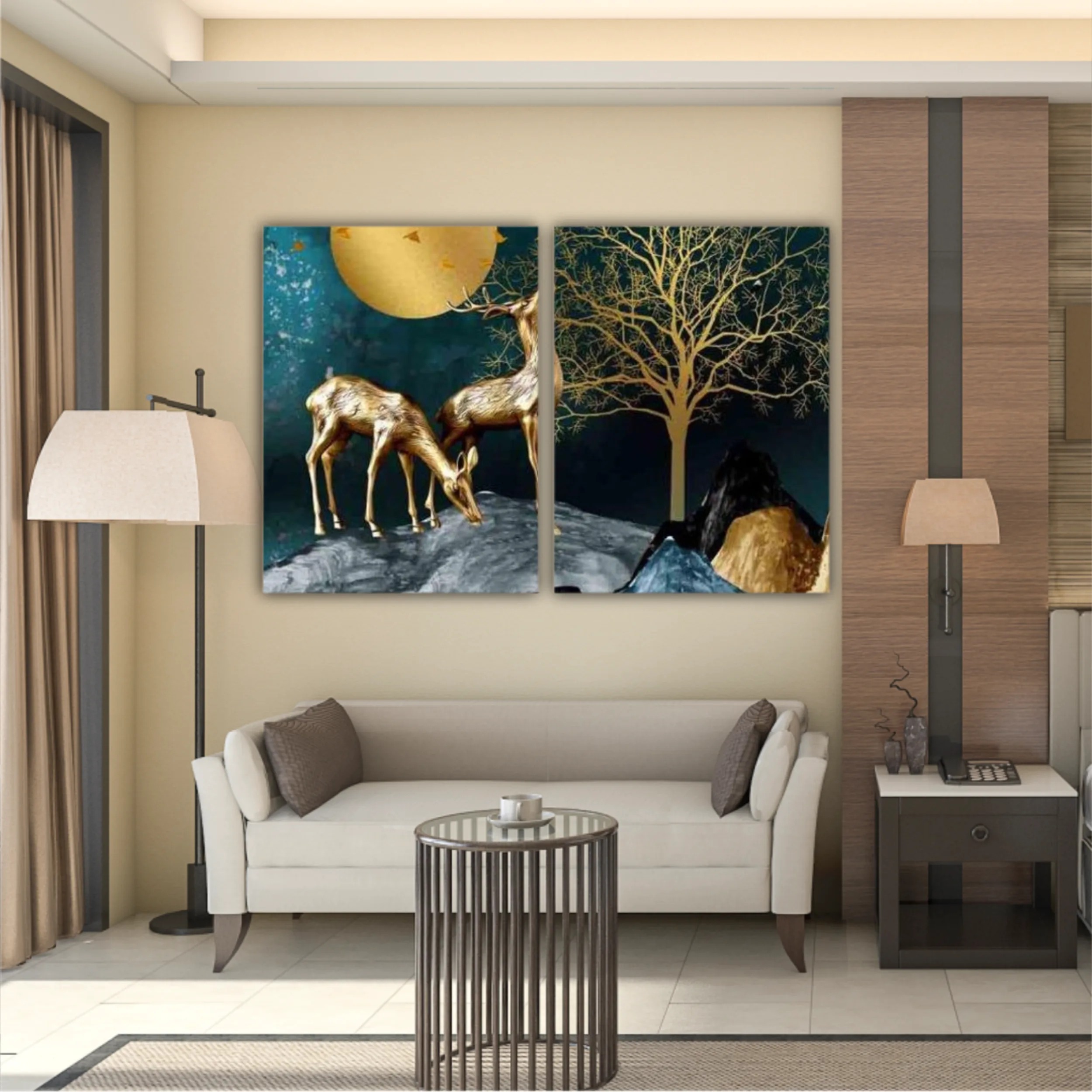 3d illustration of golden deer in the mountain. Luxurious abstract art digital painting