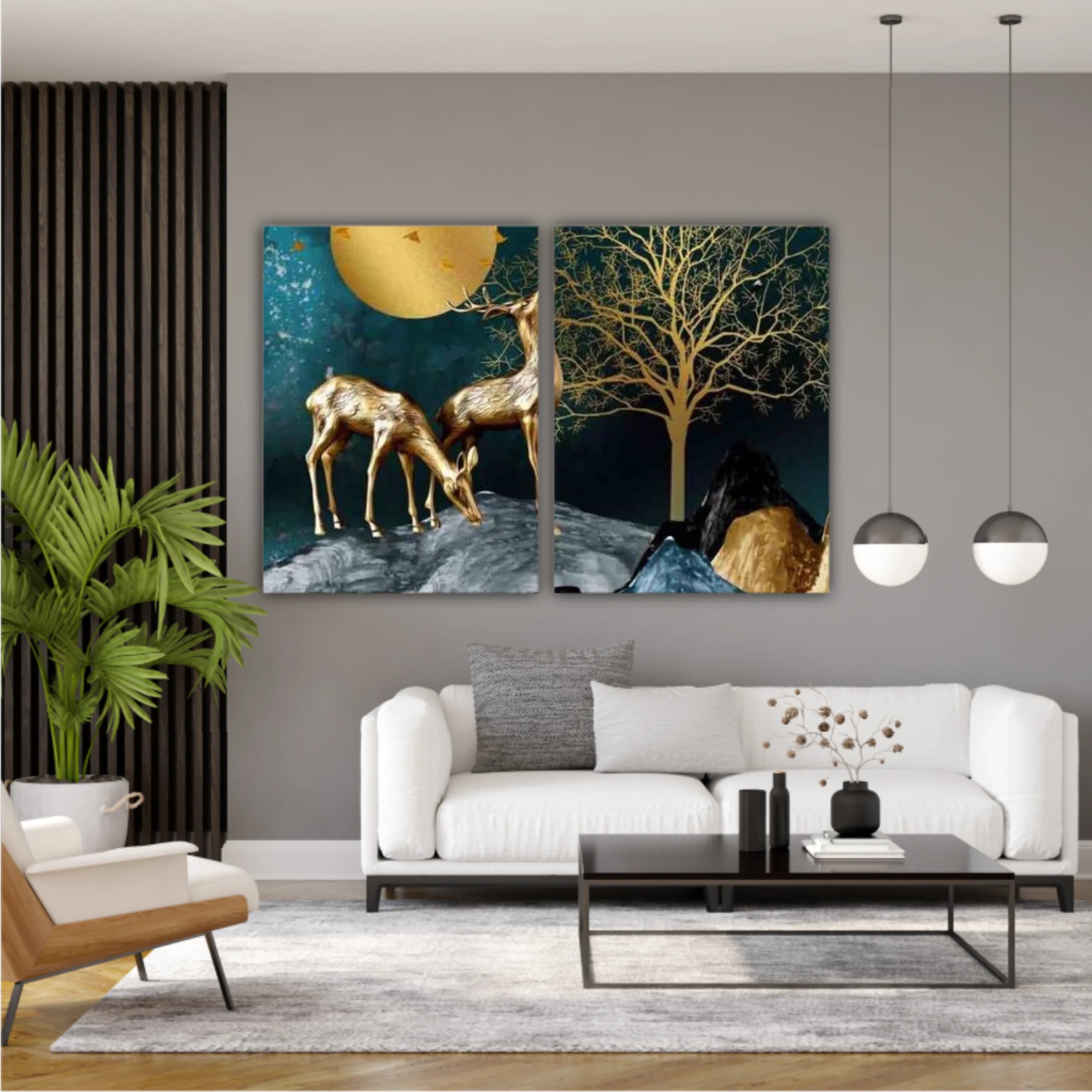 3d illustration of golden deer in the mountain. Luxurious abstract art digital painting