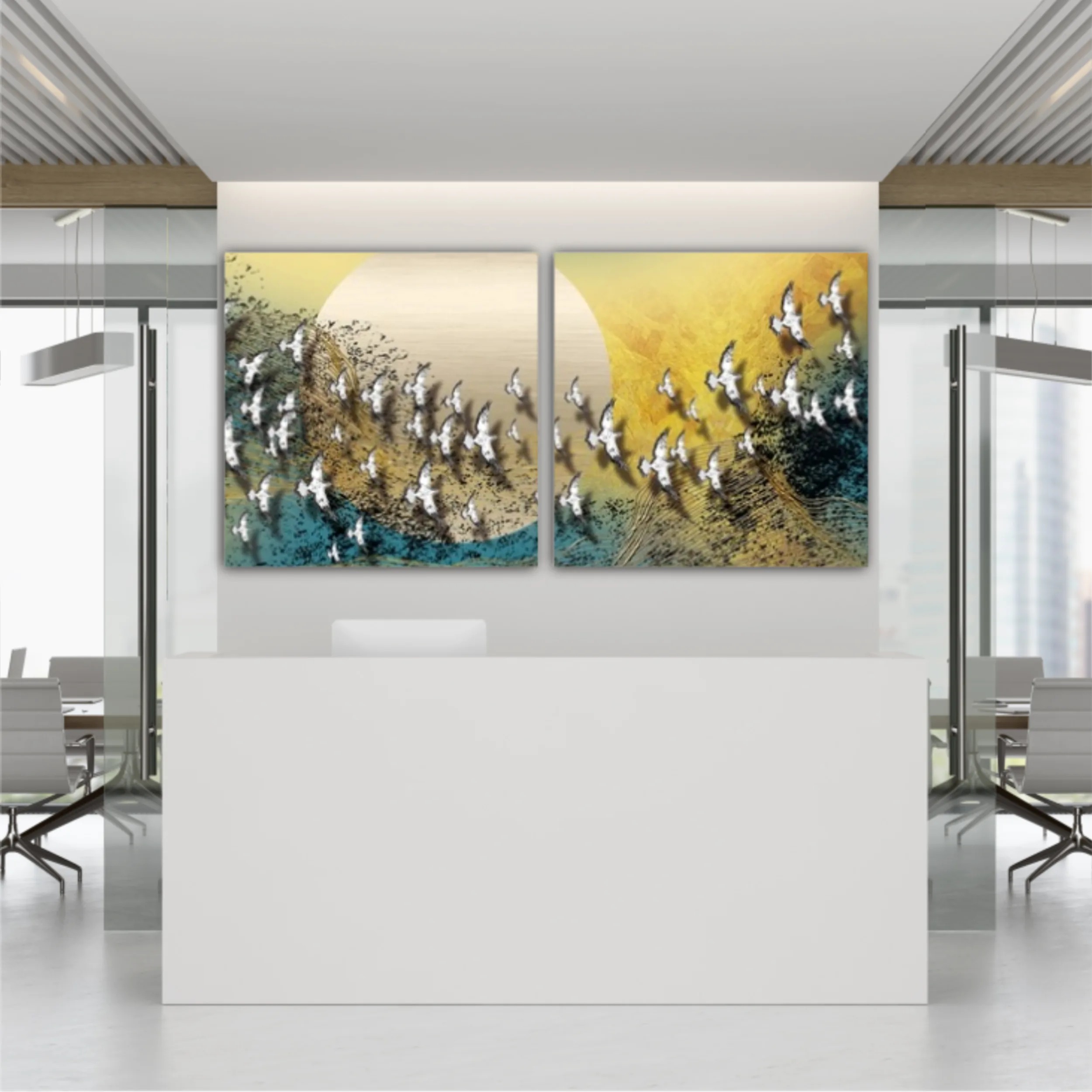 3d illustration of white flock of birds flying over the moon. Luxurious abstract art digital painting