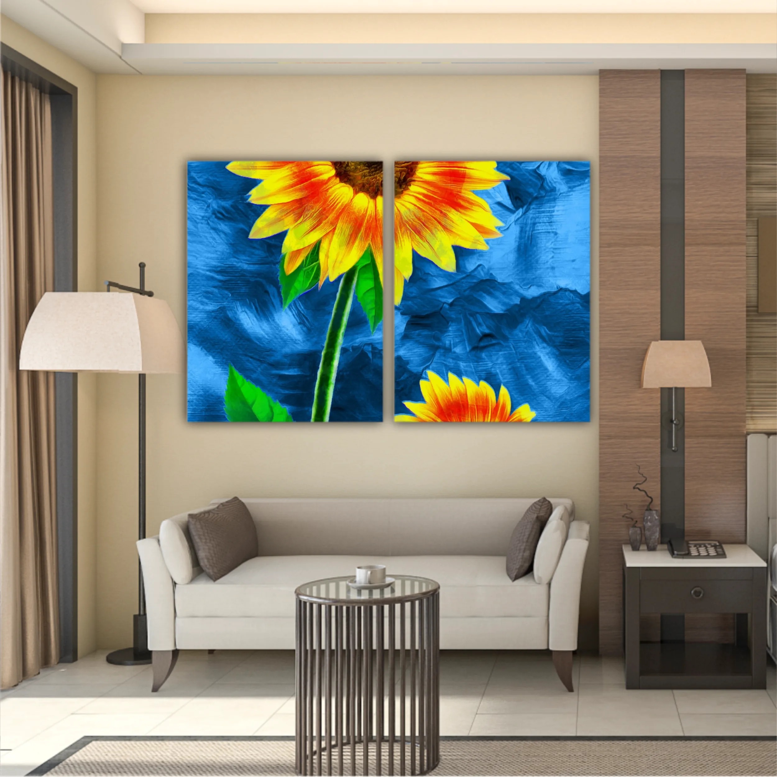 Yellow sunflowers on blue abstract background N2