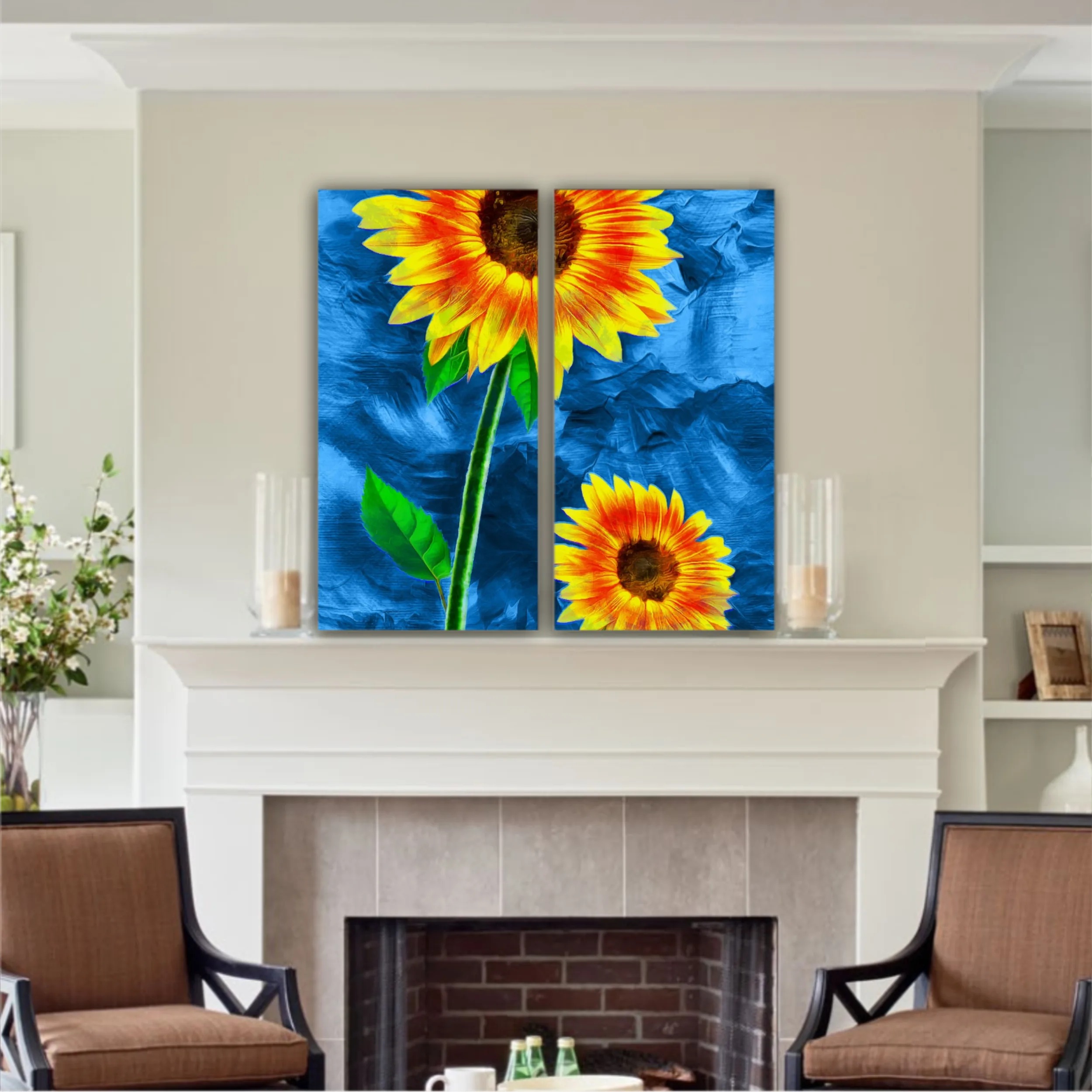 Yellow sunflowers on blue abstract background N2