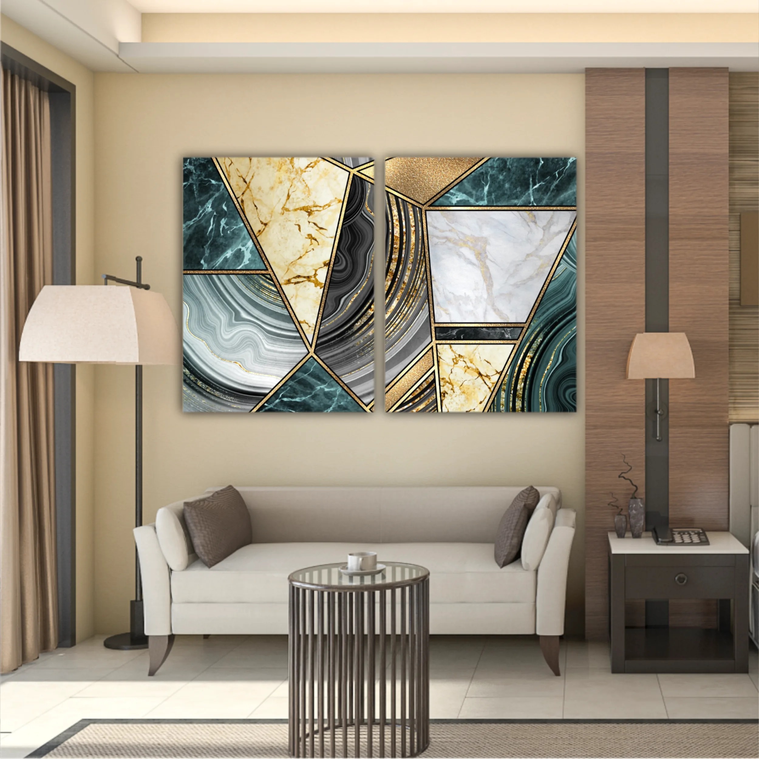 Сreative texture of marble,  modern mosaic inlay, green and gold N3