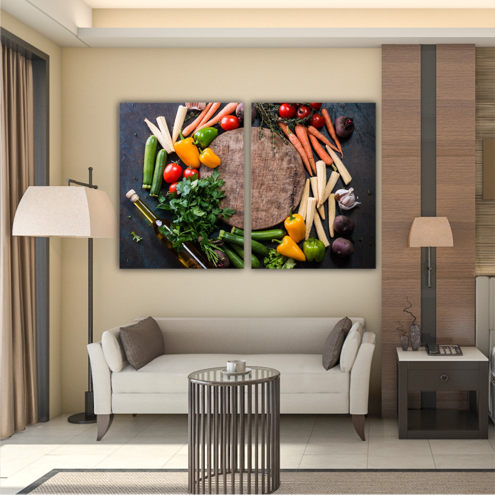 Fresh raw vegetable ingredients for healthy cooking or salad making with rustic wood board in center, top view, copy space. Diet or vegetarian food concept, horizontal composition