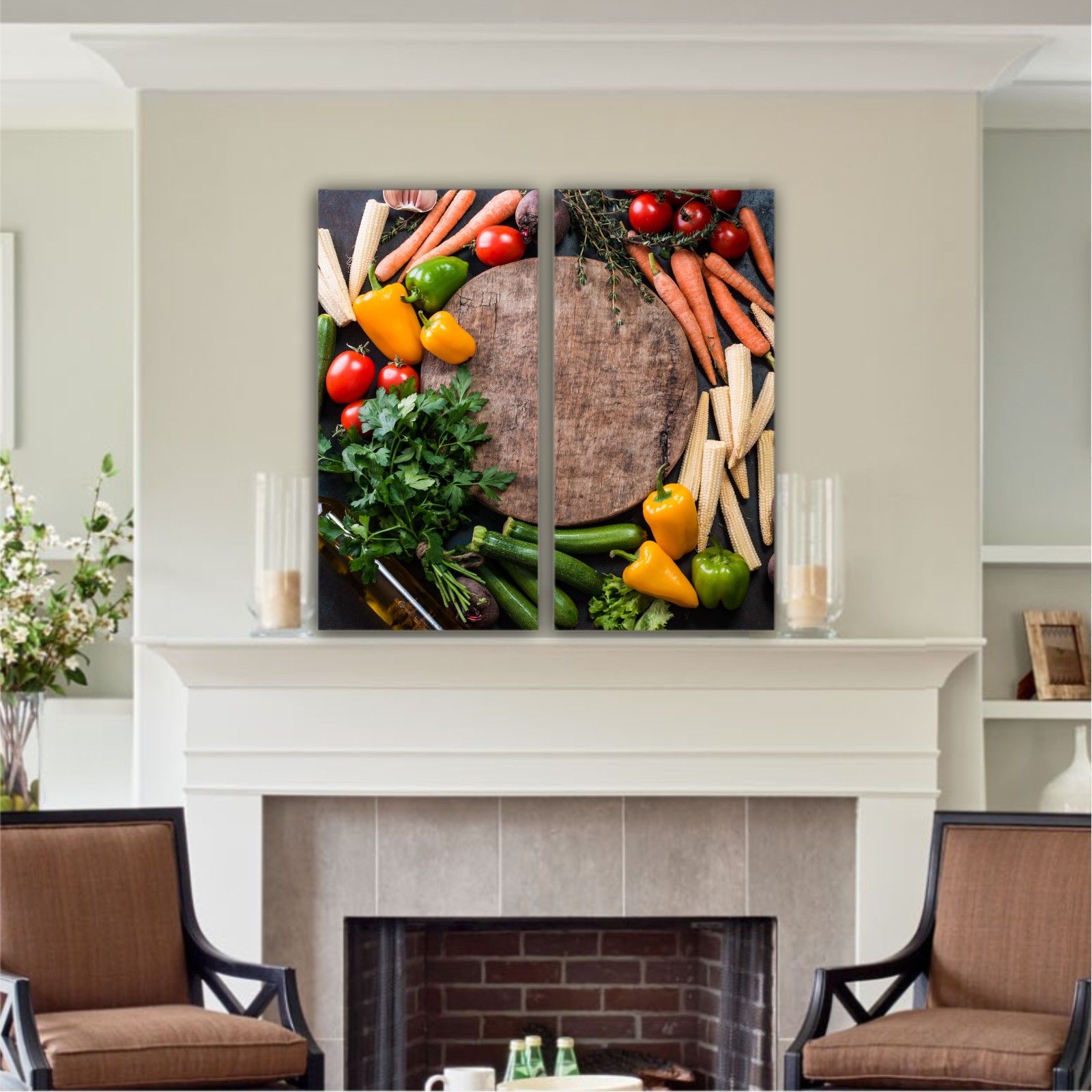 Fresh raw vegetable ingredients for healthy cooking or salad making with rustic wood board in center, top view, copy space. Diet or vegetarian food concept, horizontal composition