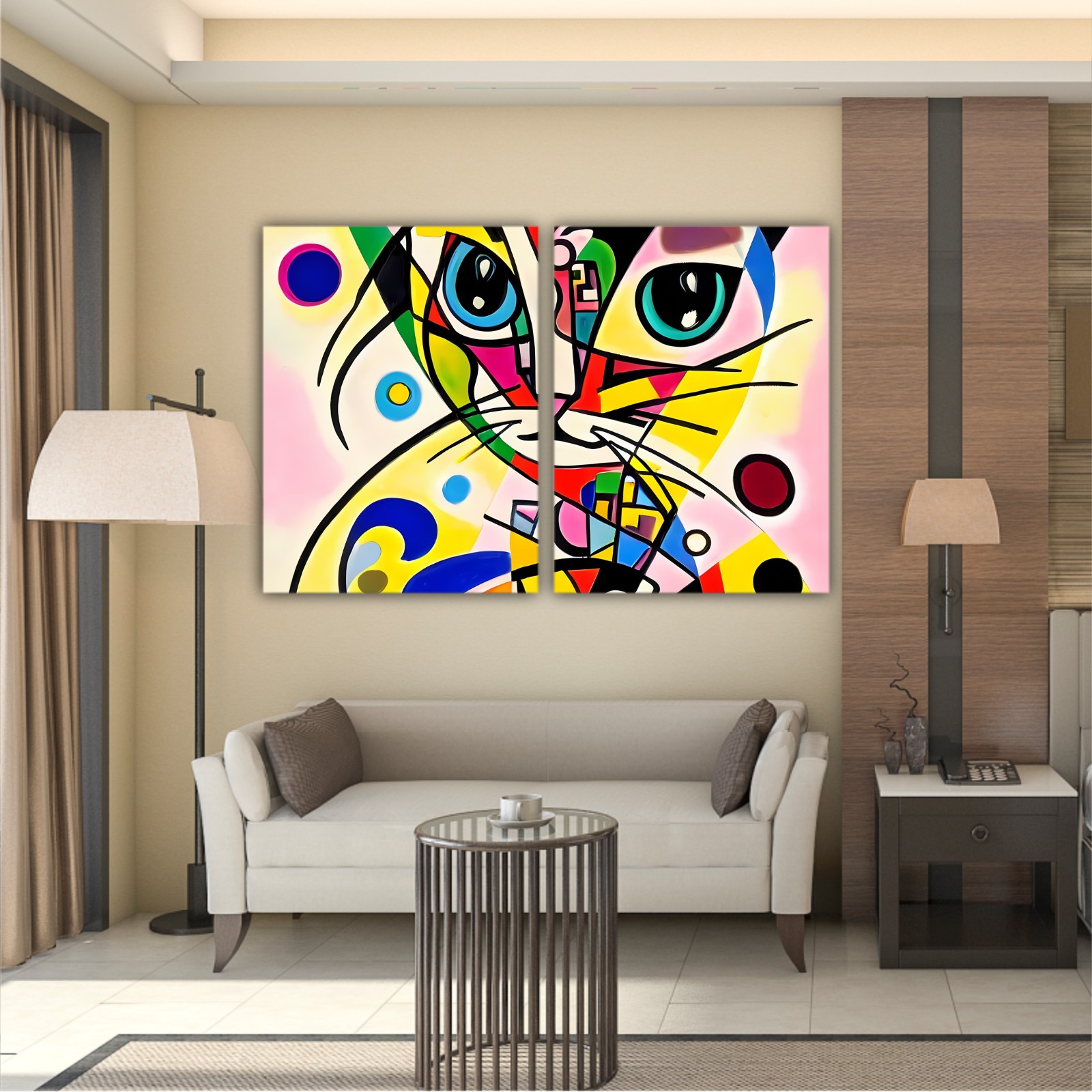 A bright and colorful abstract portrait composition of a cat designed in the style of Kandinsky and the Bauhaus art movement.