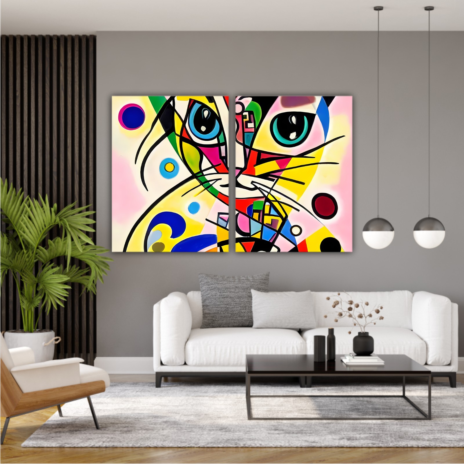 A bright and colorful abstract portrait composition of a cat designed in the style of Kandinsky and the Bauhaus art movement.