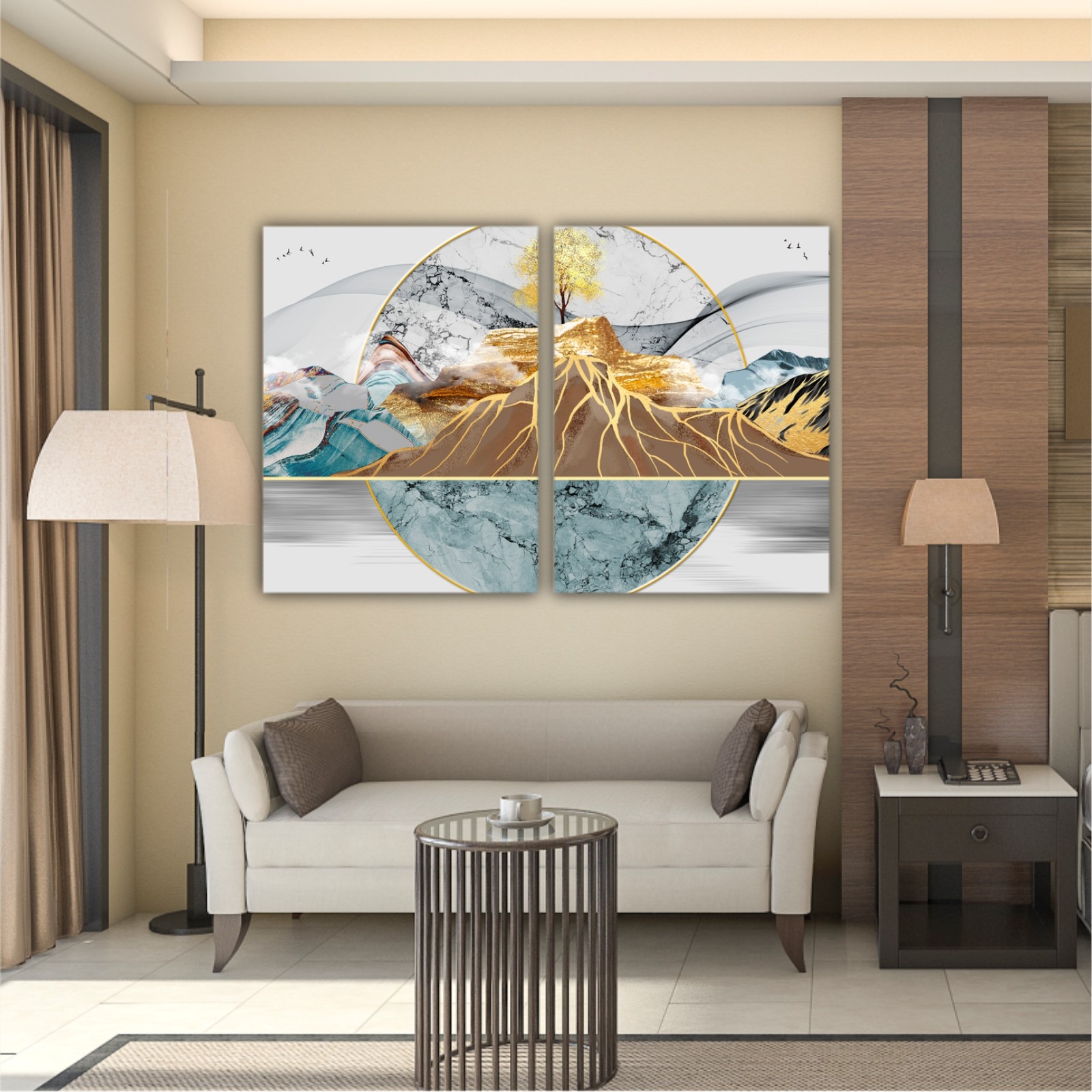 Abstract painting of mountains colored with gold, red and blue, with golden dear, golden tree