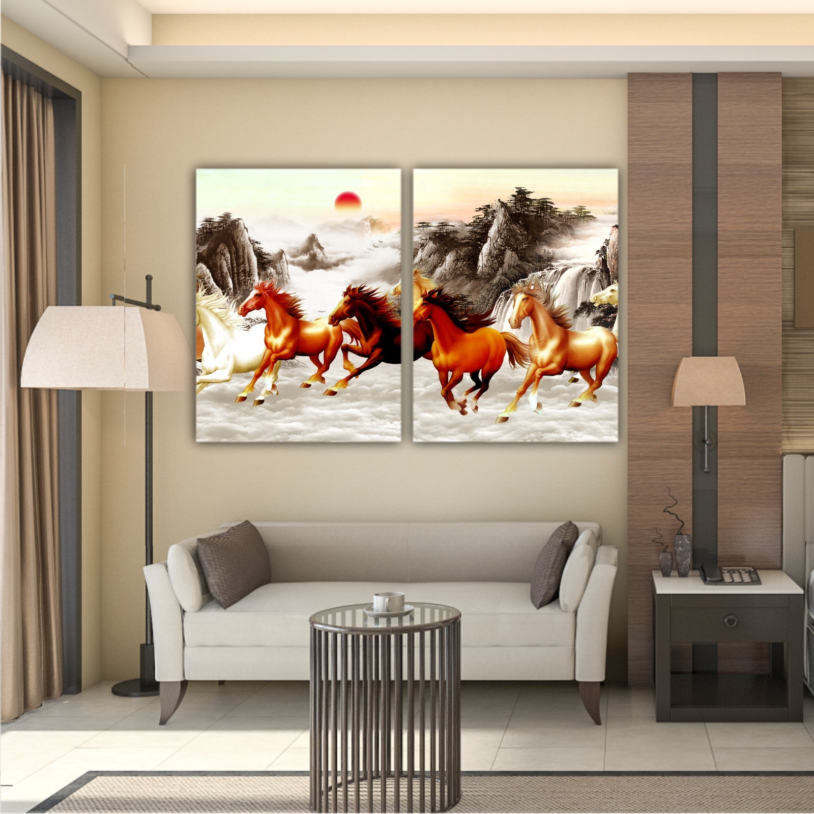 Abstract painting  with galloping horses and a red moon on backround