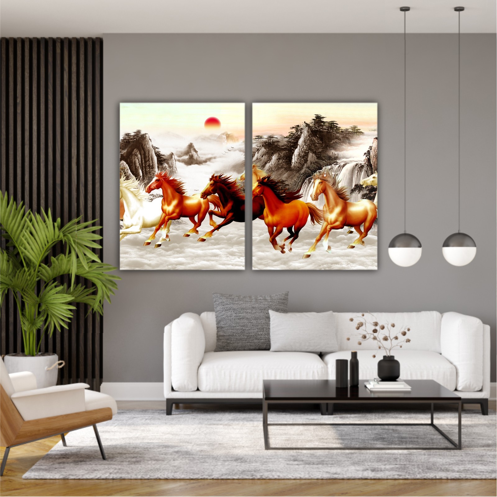 Abstract painting  with galloping horses and a red moon on backround