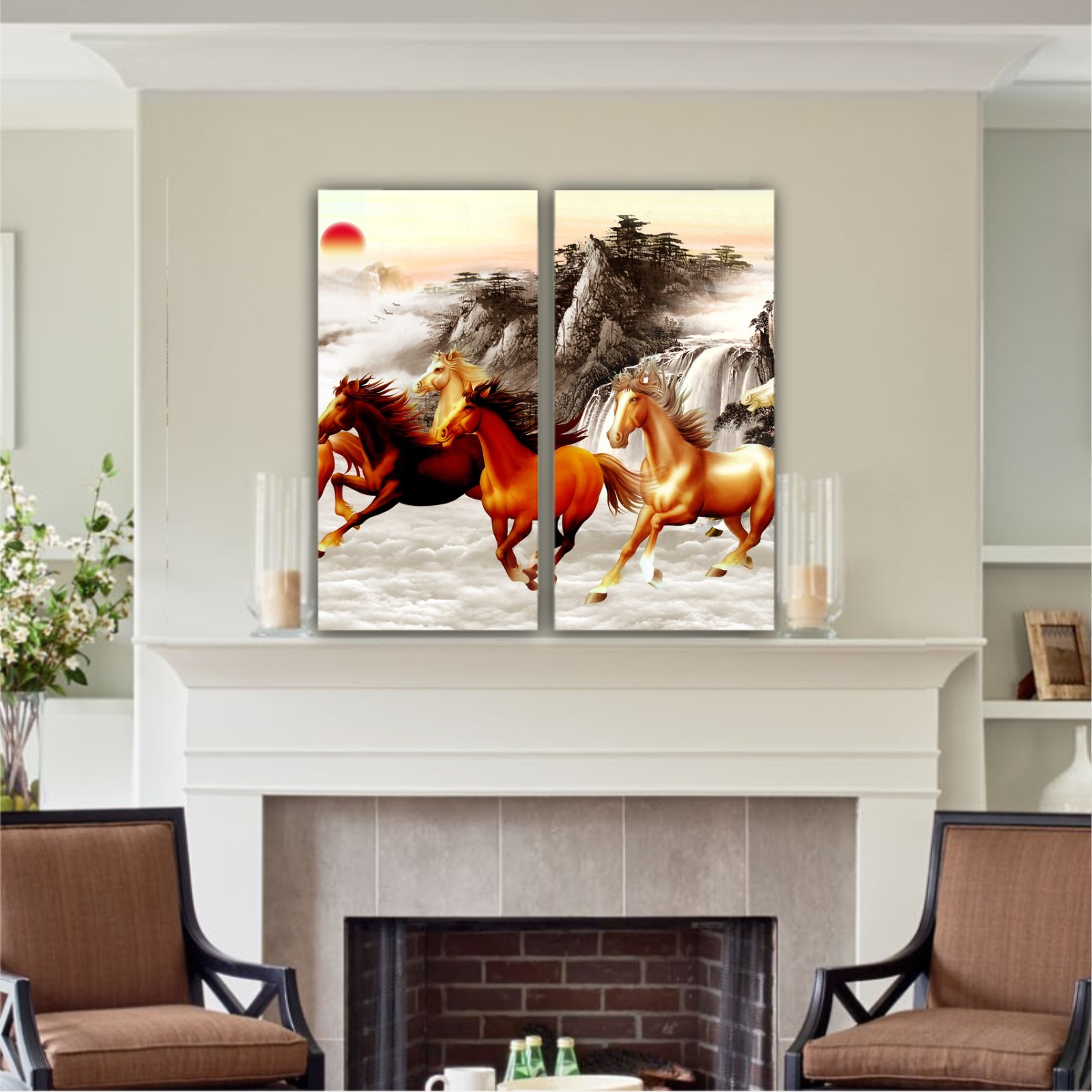 Abstract painting  with galloping horses and a red moon on backround