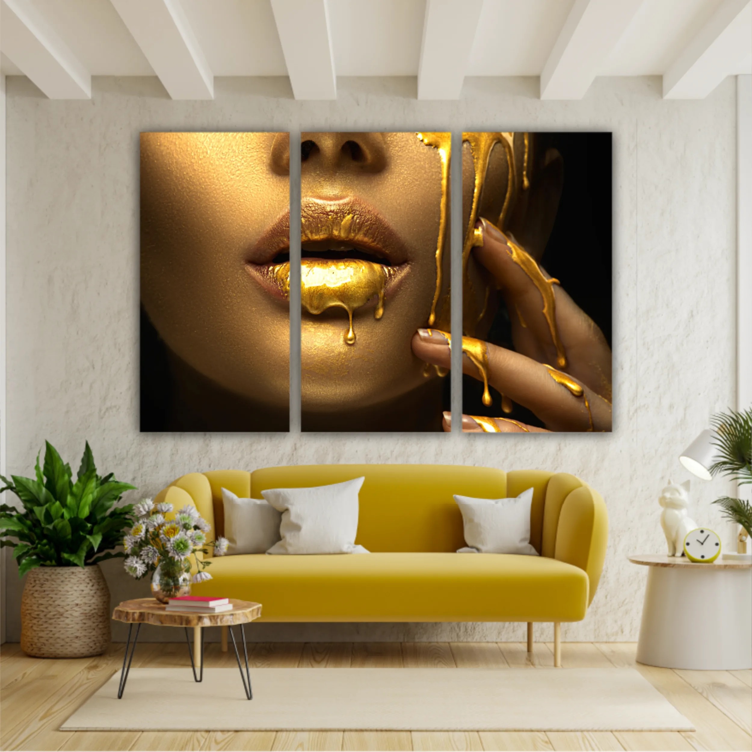 Lipgloss dripping from sexy lips, golden liquid drops on beautiful model girls mouth, gold metallic skin make-up. Beauty woman makeup close up